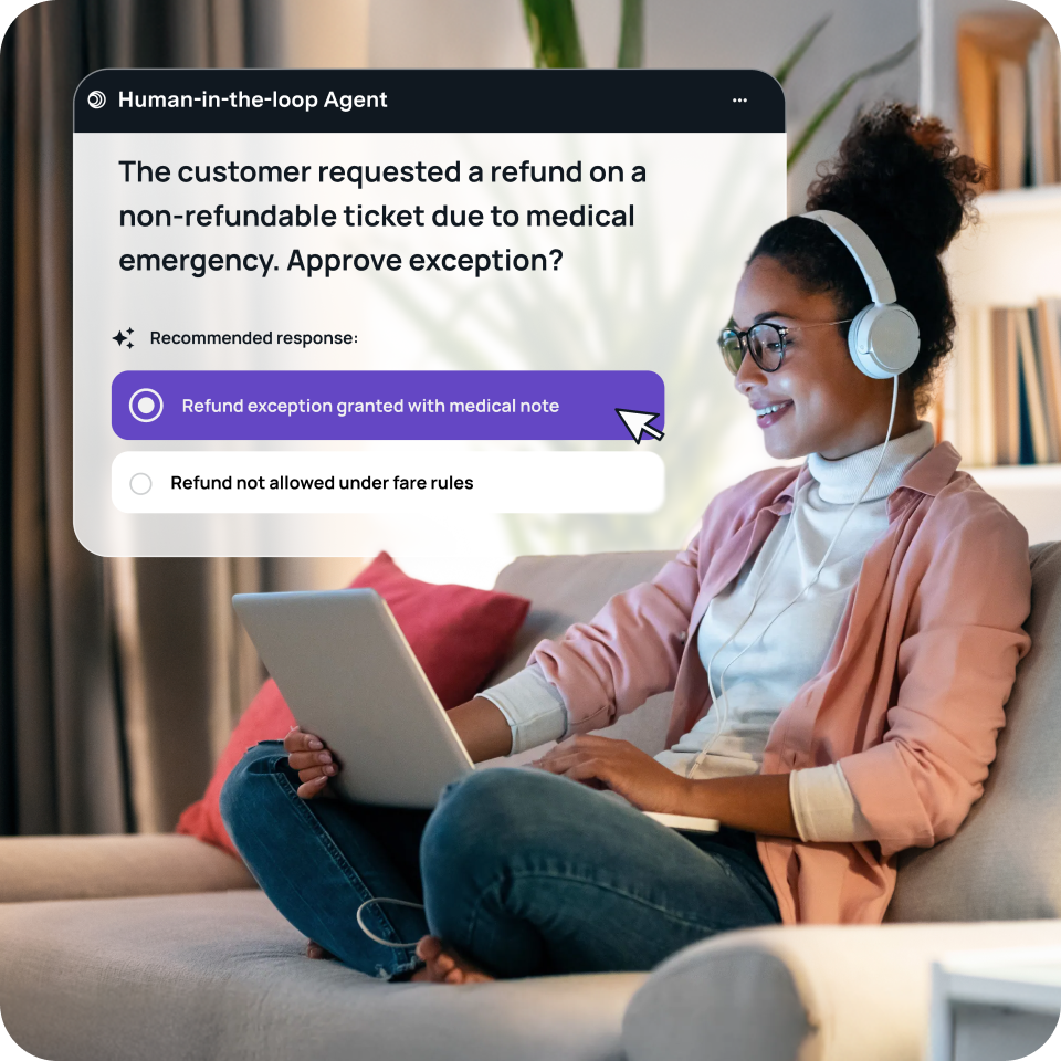 Woman with glasses and headphones sitting on a couch using a laptop, with a screen overlay showing a refund approval dialogue for a medical emergency exception.