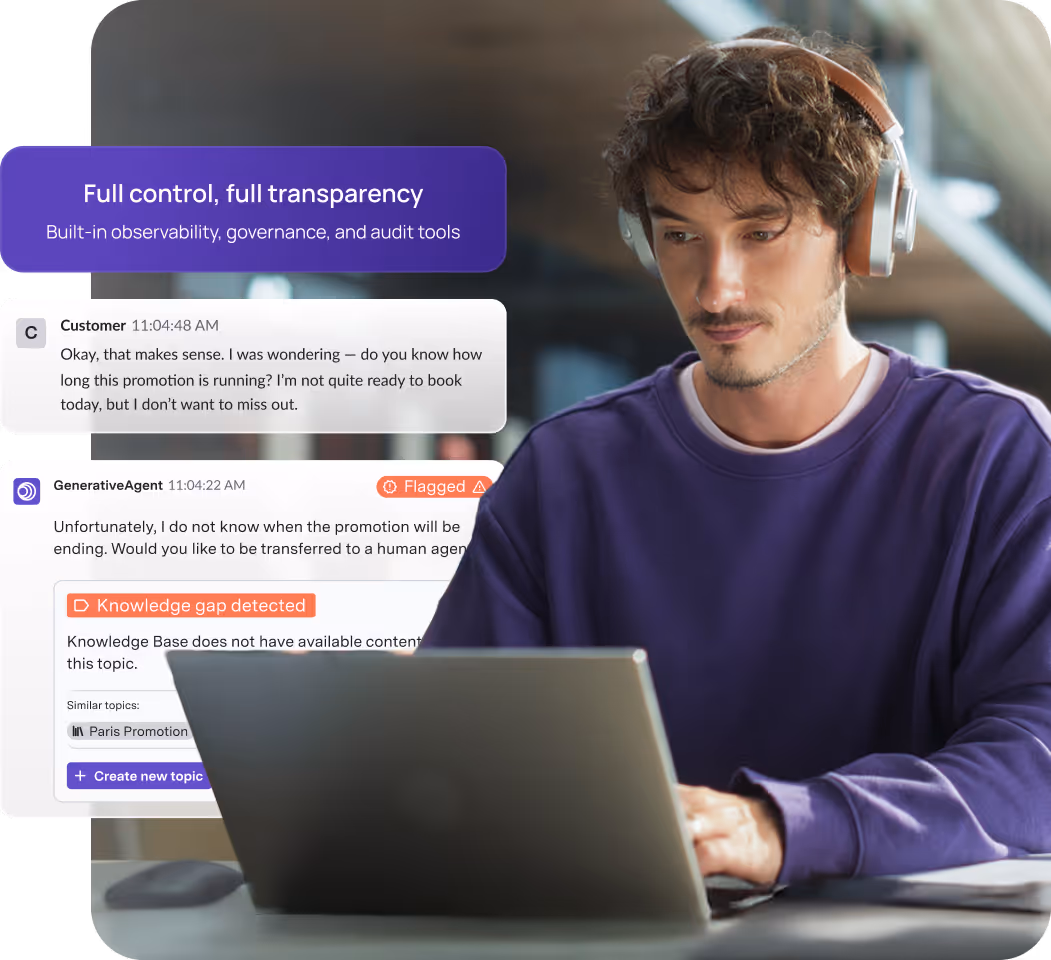 Man with headphones working on a laptop next to chat messages showing a flagged generative agent with a knowledge gap detected alert.