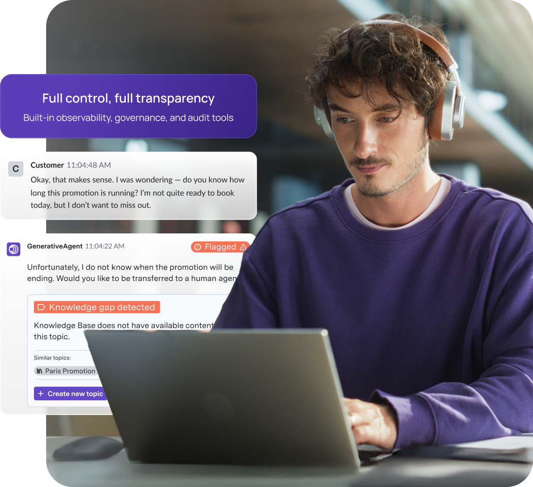 Man with headphones working on a laptop next to chat messages showing a flagged generative agent with a knowledge gap detected alert.