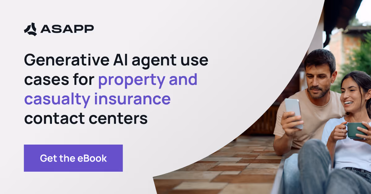 ASAPP advertisement with text about generative AI use cases for property and casualty insurance contact centers, and a couple looking at a smartphone while holding a green mug.
