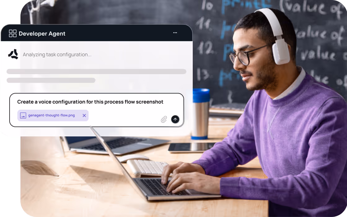 Man wearing glasses and white headphones typing on a laptop at a desk with a chalkboard covered in handwritten notes in the background, and an overlay window showing a Developer Agent interface analyzing task configuration.