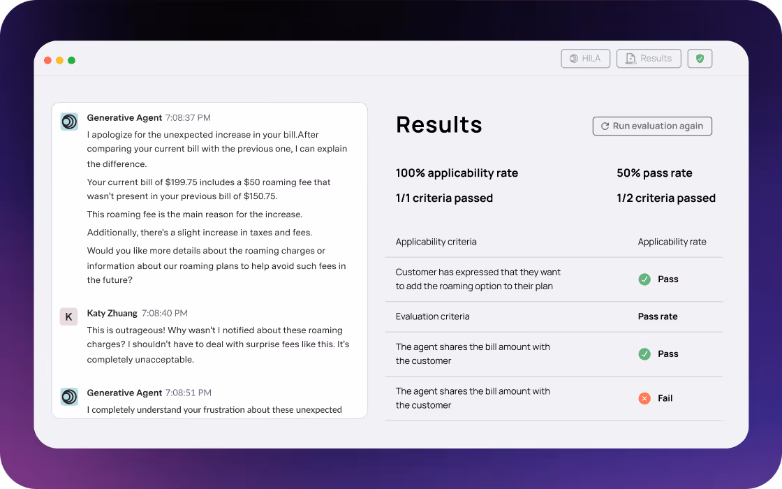 Chat conversation between a customer and GenerativeAgent® explaining a roaming fee increase on a bill, alongside a results panel showing 100% applicability rate and 50% pass rate for evaluation criteria.