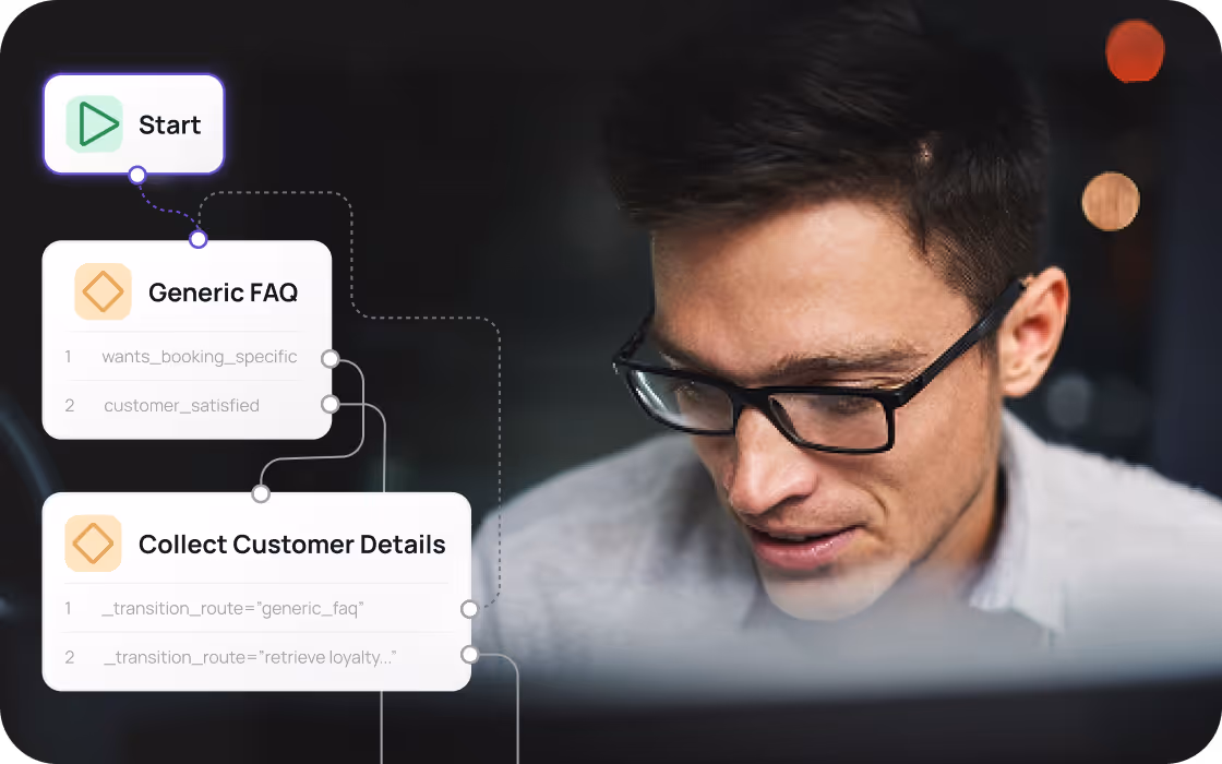 Man wearing glasses focused on a screen with overlaid chatbot flow diagram showing start, generic FAQ, and collect customer details nodes.