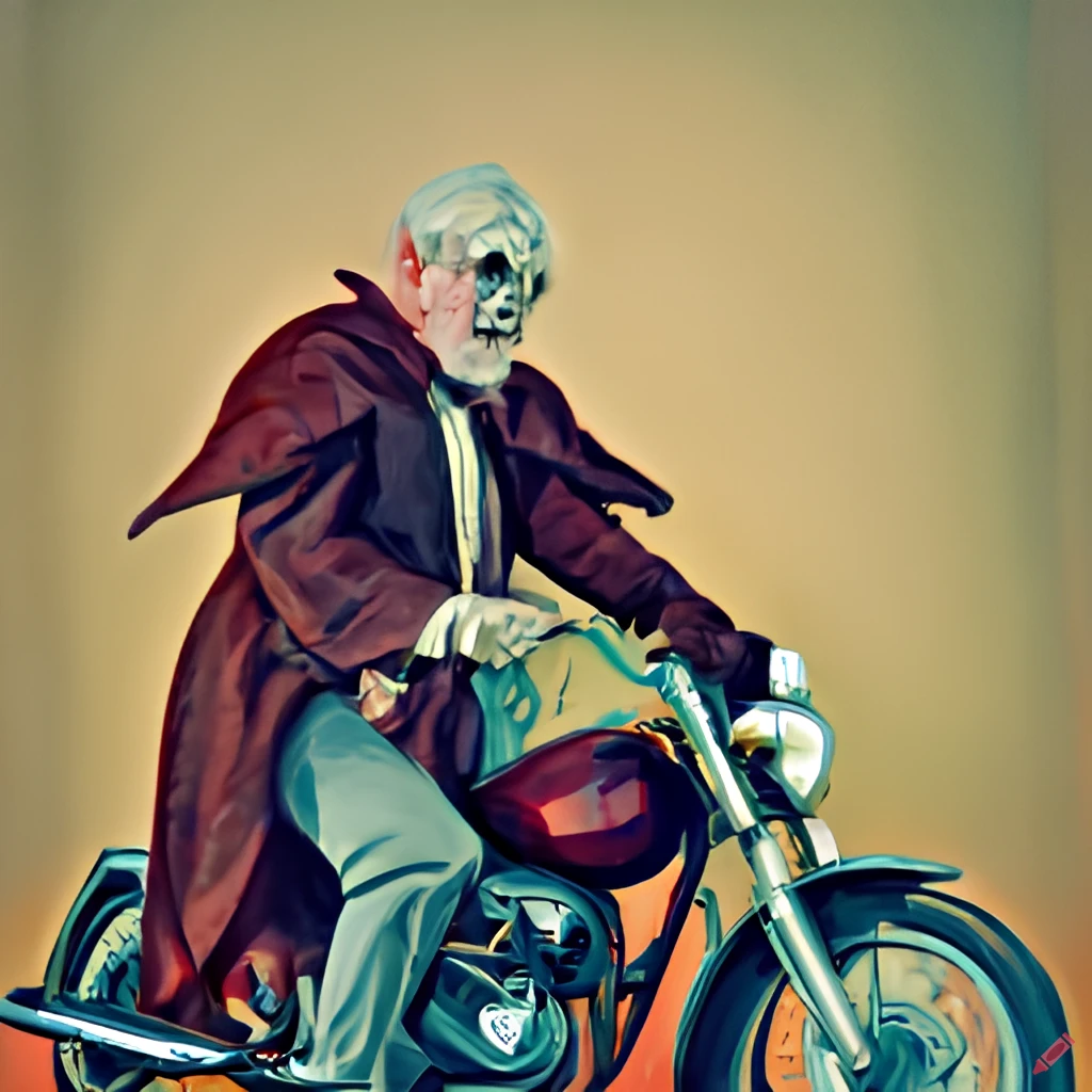 “Elderly Vampire Riding A Motorcycle, Impressionist Style” AI Generated Image