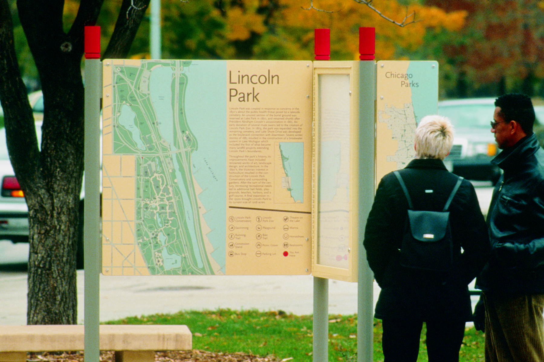 Chicago Park System exterior post-mounted informational map and directory for Lincoln Park, designed by Two Twelve