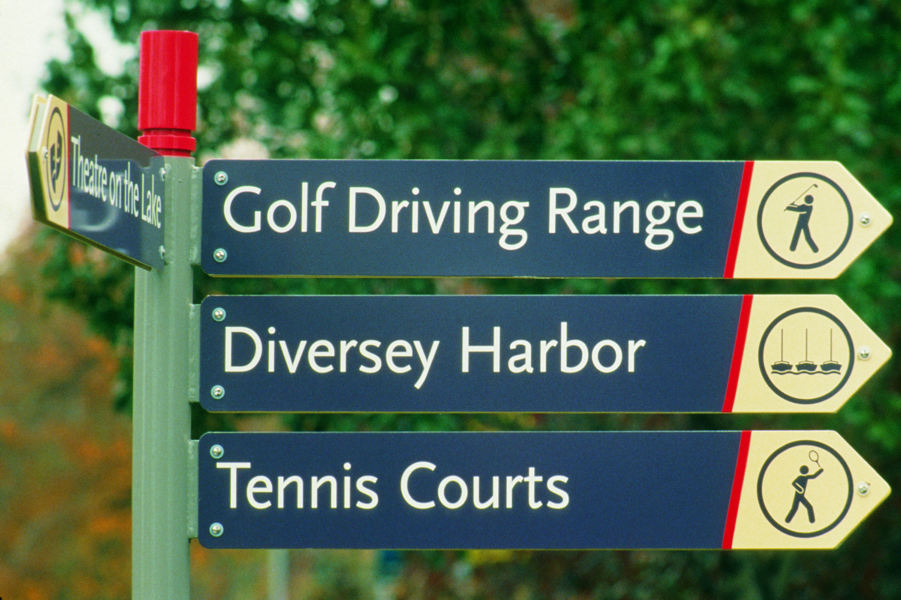 Chicago Park System exterior post-mounted directional blade signs for multiple park locations with icons, designed by Two Twelve