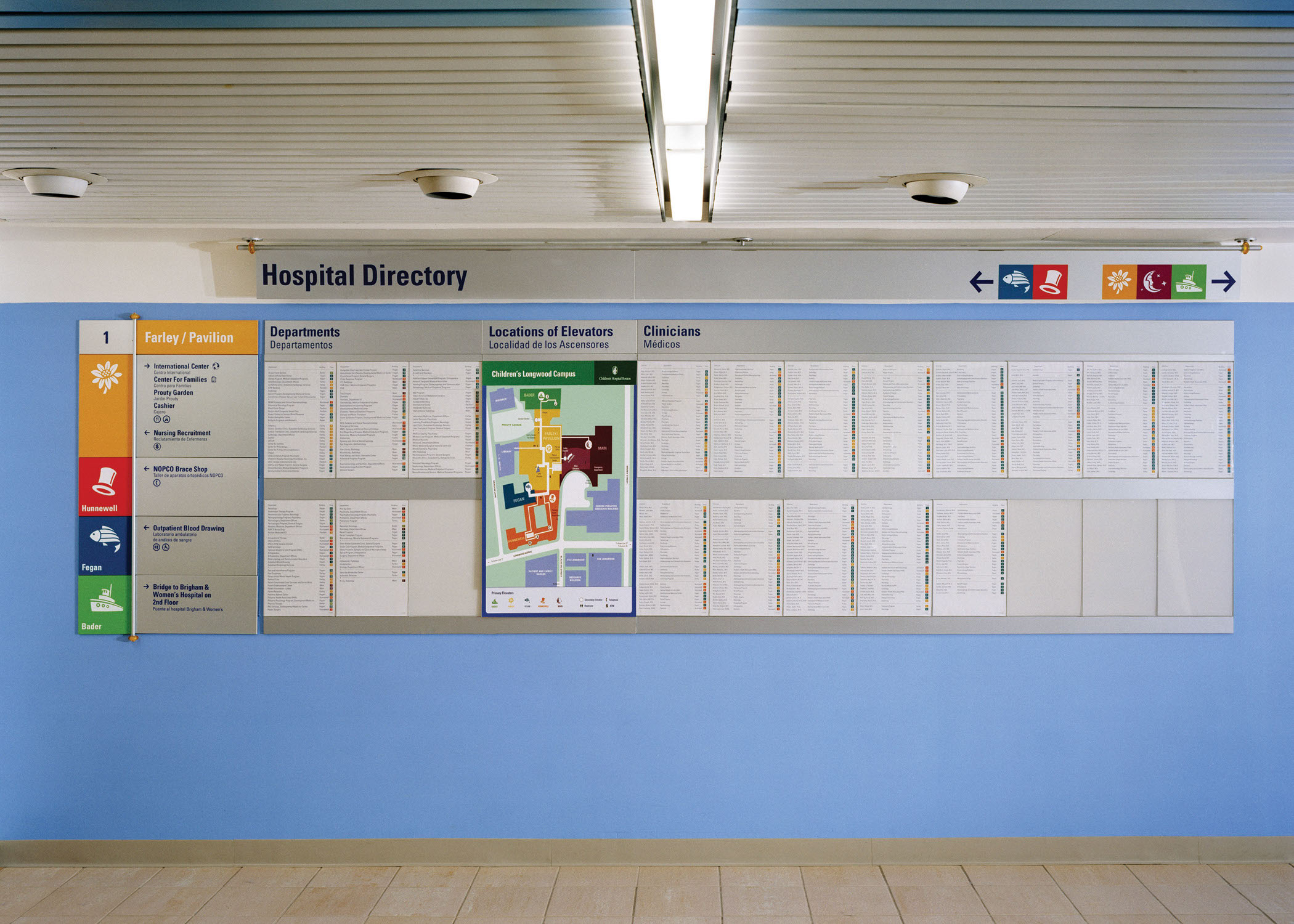 Children's Hospital Boston interior wall-mounted informational directory and map with color-coded directional signage, designed by Two Twelve