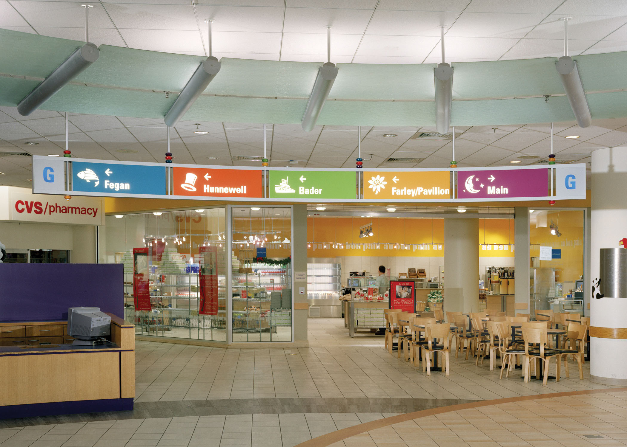 Children's Hospital Boston interior ceiling-mounted overhead directional sign with color-coded icons, designed by Two Twelve