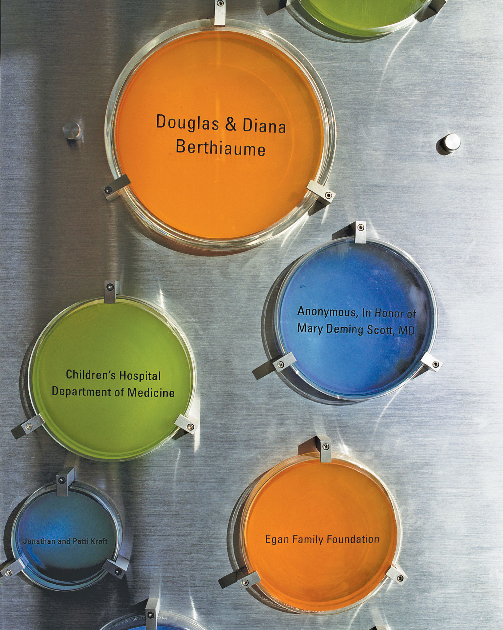 Children's Hospital Boston interior donor wall detail with color-coded circular acrylic donor names on stainless steel, designed by Two Twelve