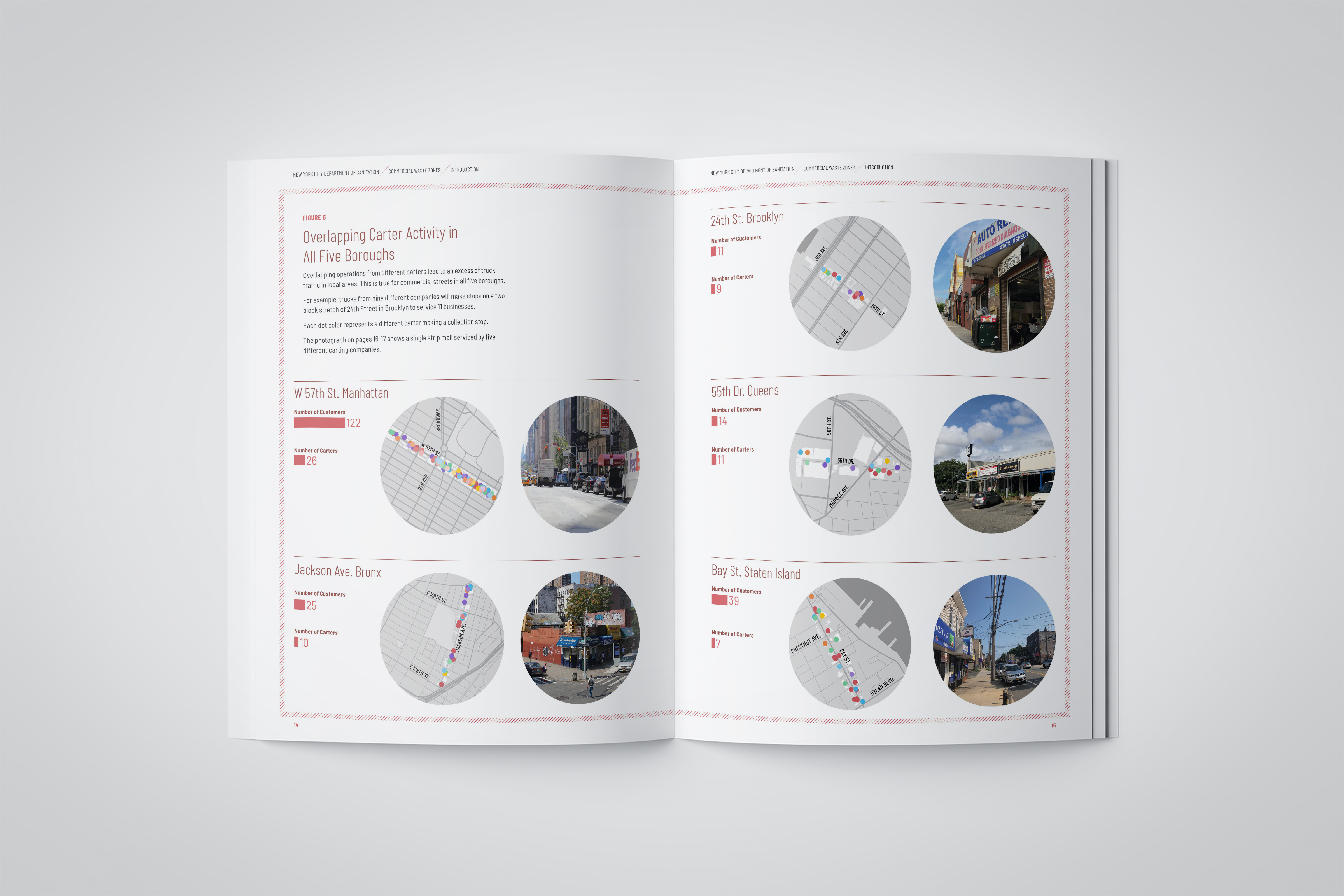 Commercial Waste Zones Report printed booklet with maps of Carter activity in NYC boroughs, designed by Two Twelve