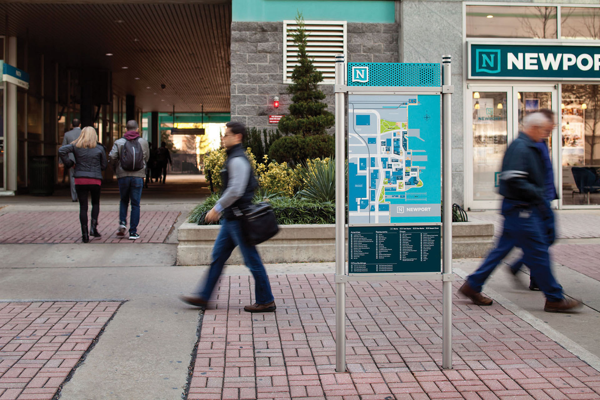 Community of Newport exterior post-mounted pedestrian waterfront map with blue perforated material, designed by Two Twelve