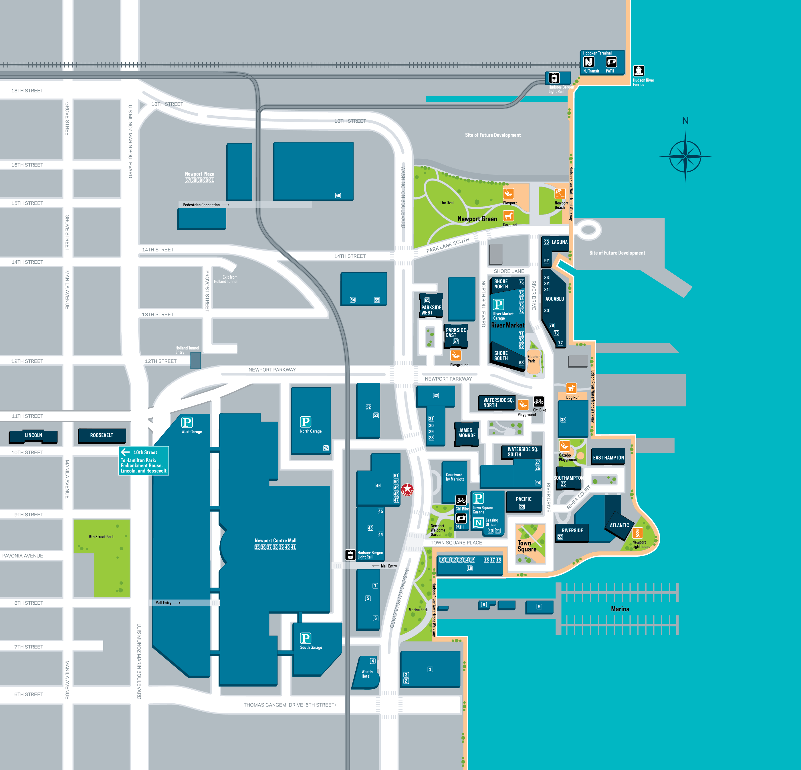 Community of Newport digital waterfront map highlighting buildings, parks, and transit, designed by Two Twelve