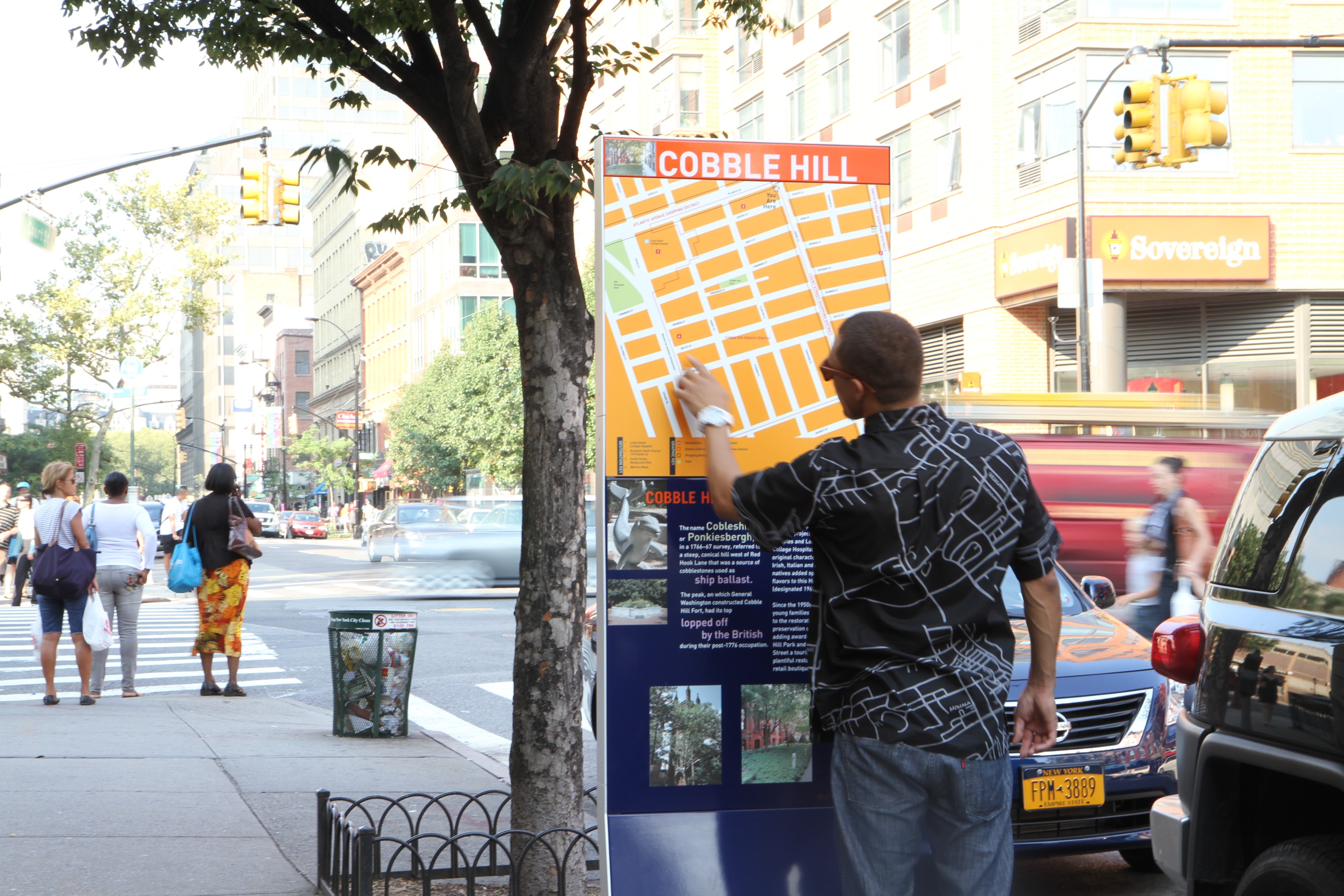 Downtown Brooklyn exterior ground-standing informational map sign for Cobble Hill, designed by Two Twelve