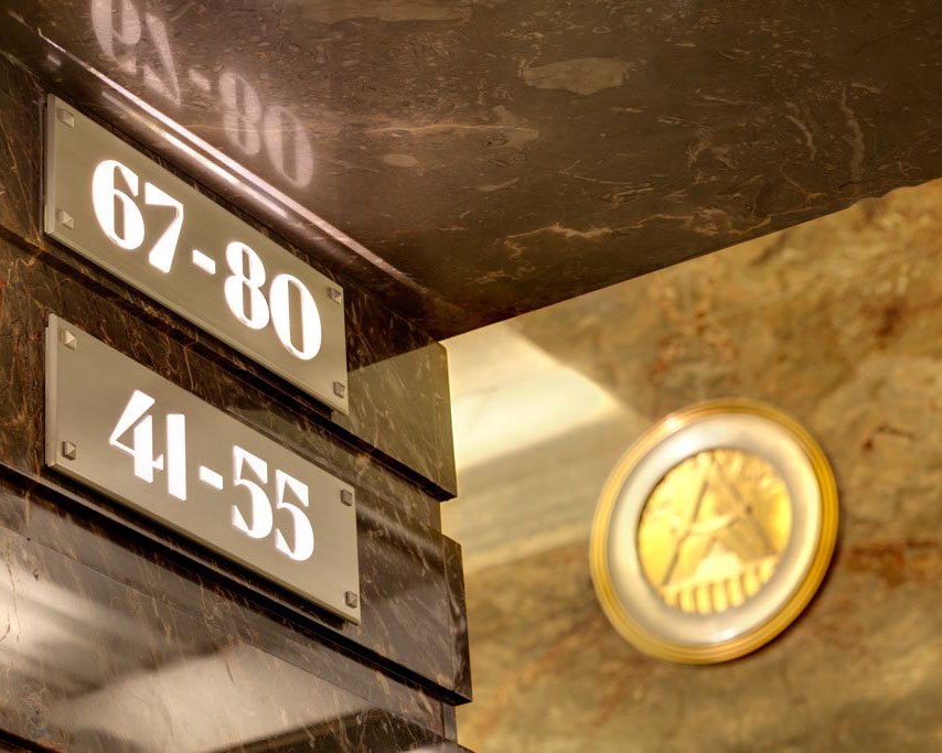 Empire State Building interior wall-mounted illuminated floor identification sign, designed by Two Twelve