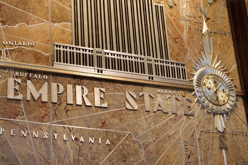 Empire State Building interior wall-mounted stainless steel identification sign, designed by Two Twelve