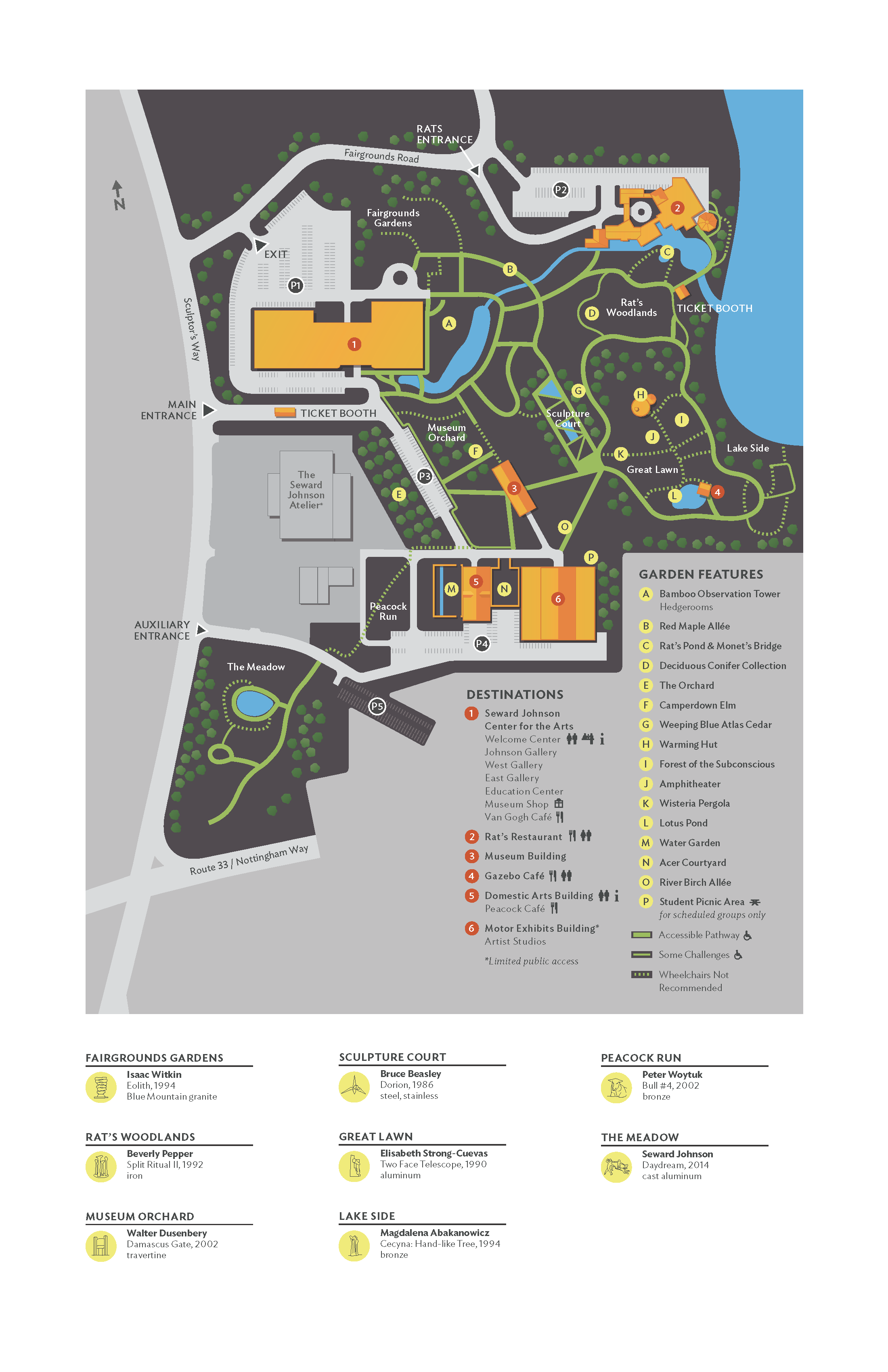 Grounds for Sculpture visitor site map with destinations, garden features and entrance identification, designed by Two Twelve