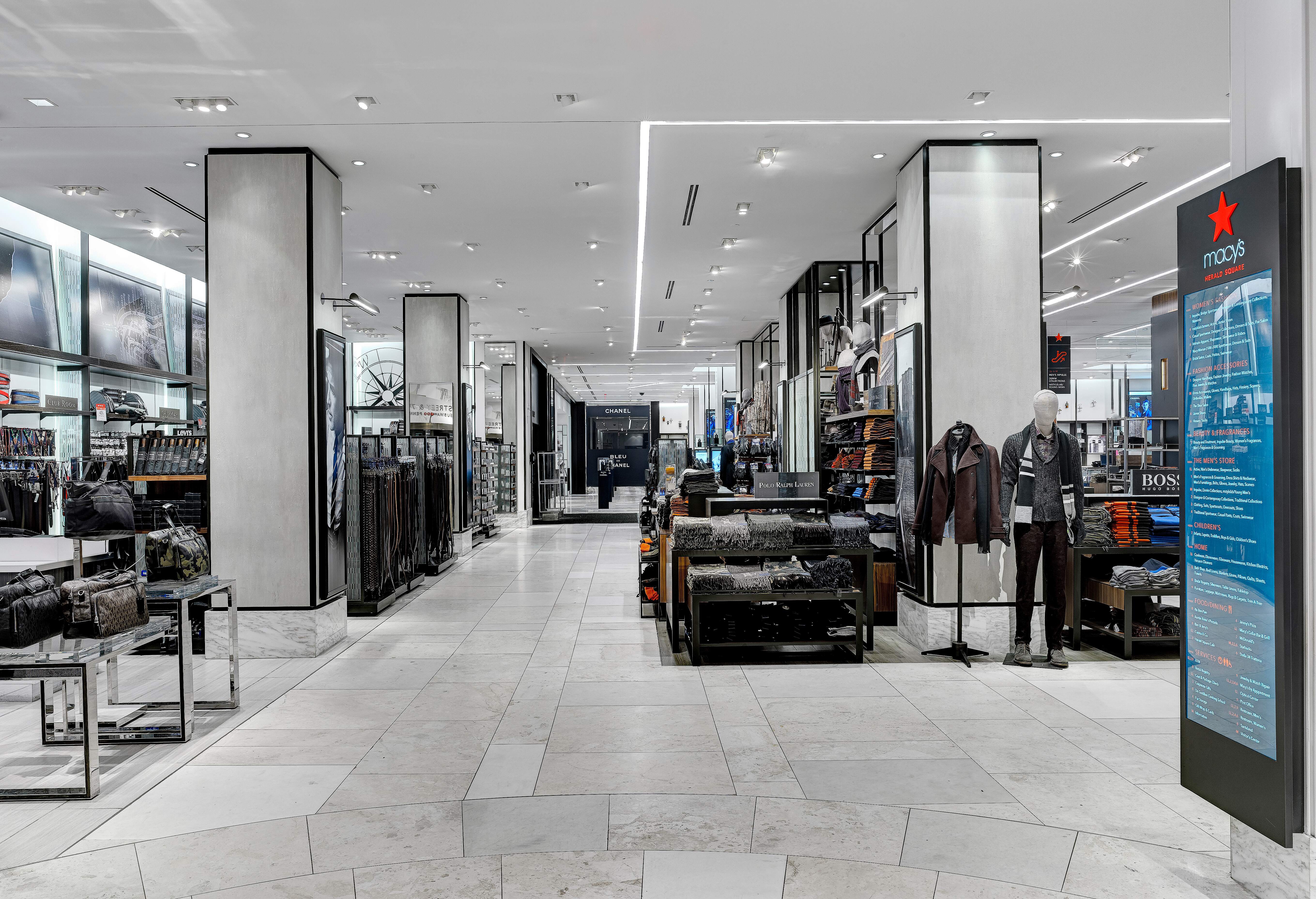 Macy's Herald Square interior wall-mounted digital floor directory, designed by Two Twelve