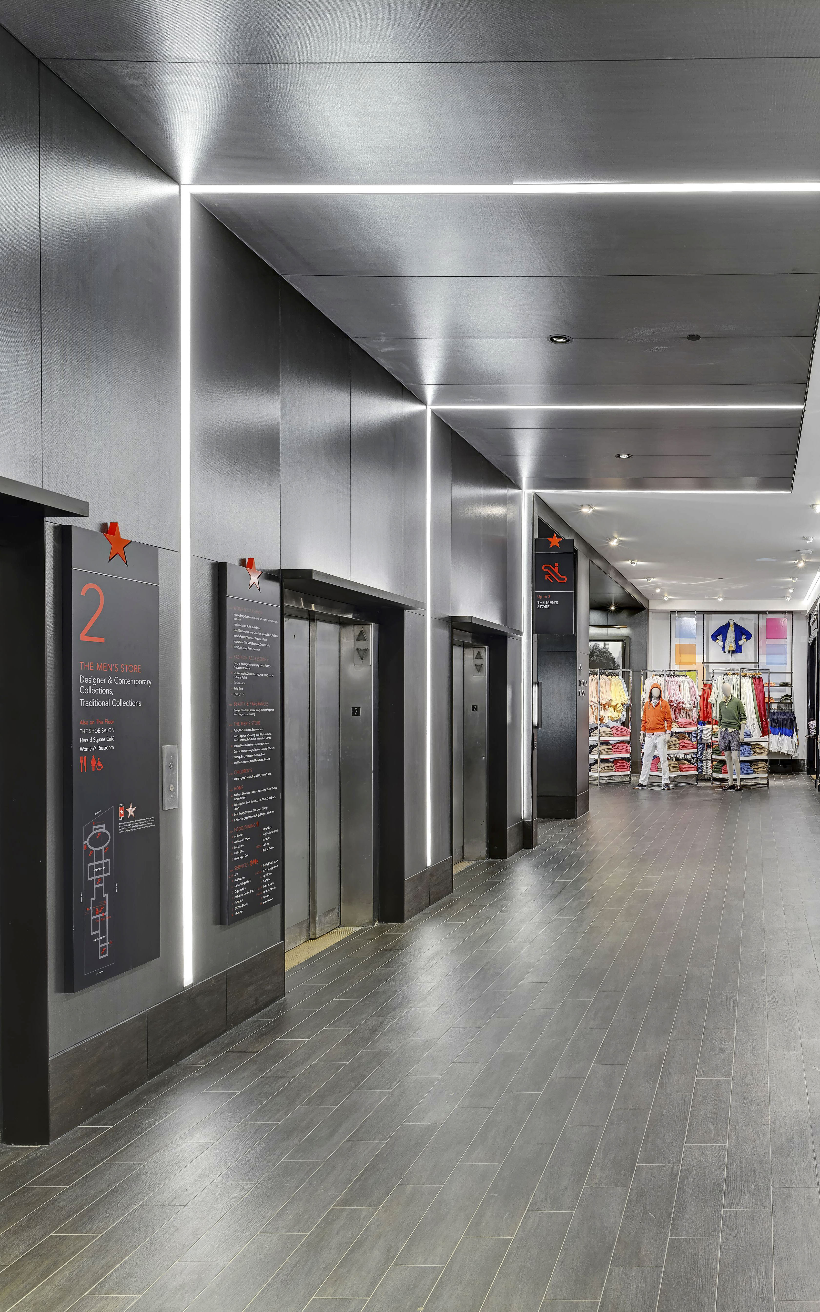 Macy's Herald Square elevator floor identification and directory signage, designed by Two Twelve