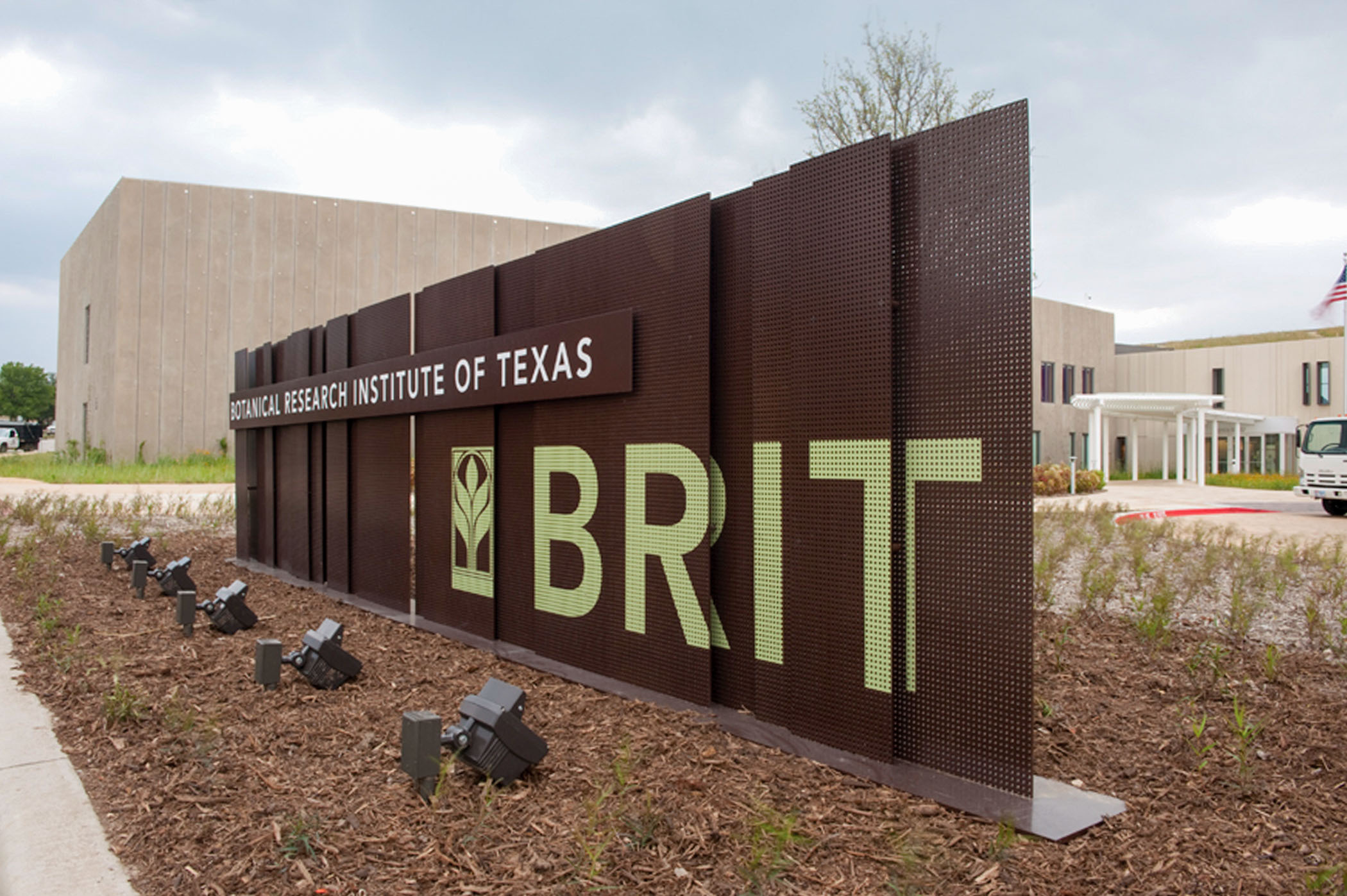 Botanical Research Institute of Texas exterior perforated identification sign, designed by Two Twelve