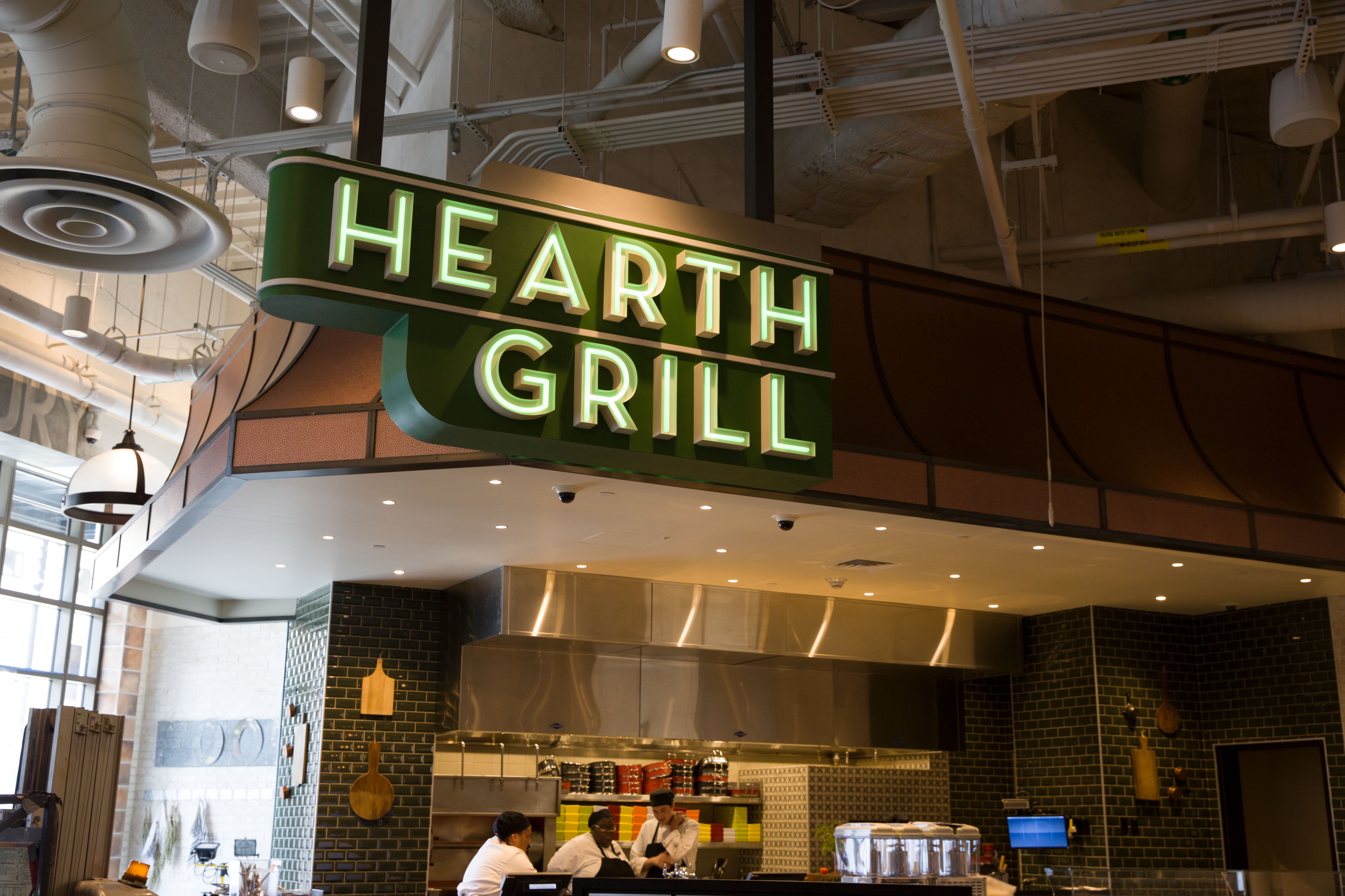 MGM Springfield Hearth Grill logo design and illuminated restaurant identification, designed by Two Twelve