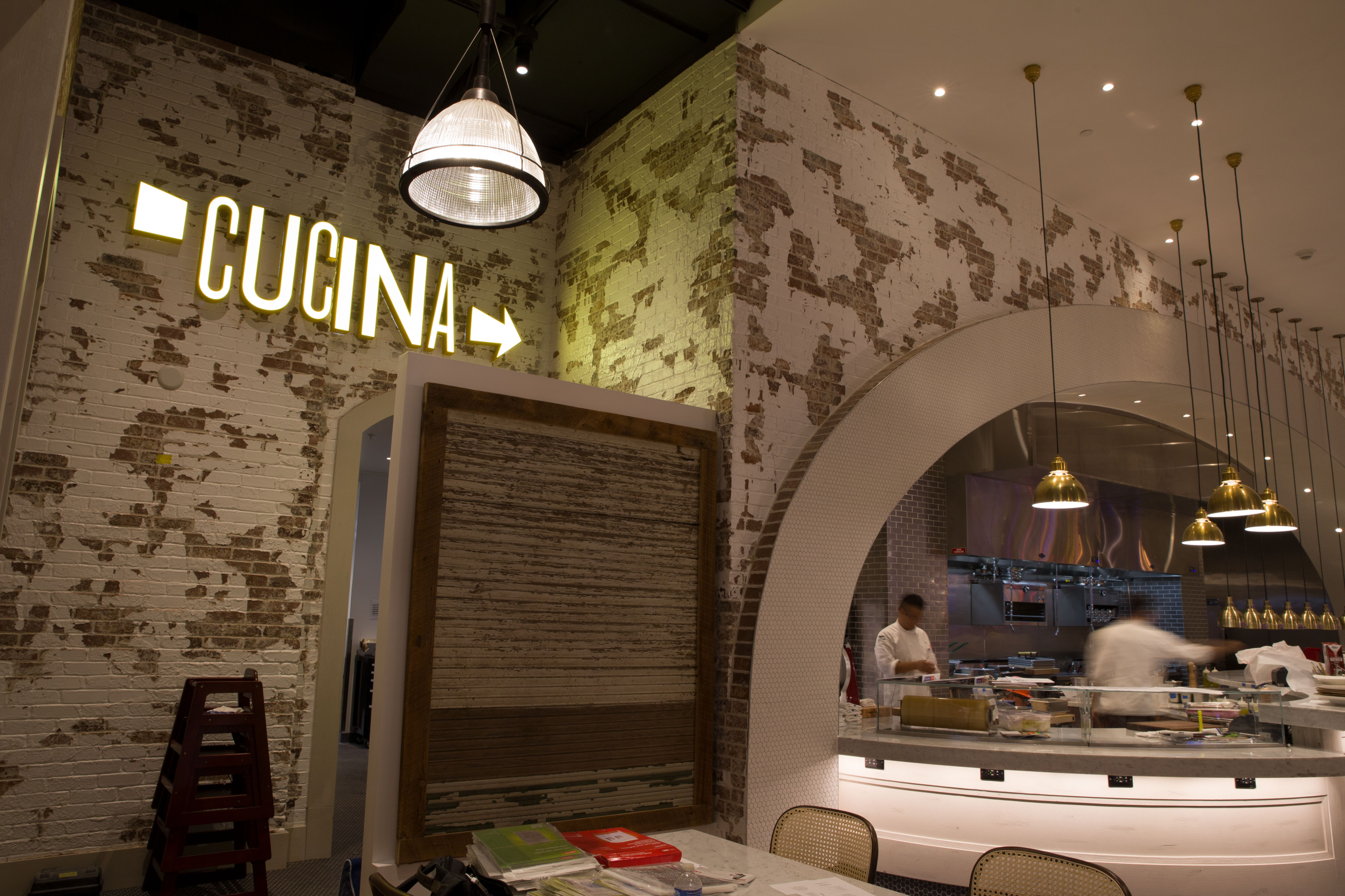 MGM Springfield Cucina logo design and illuminated restaurant identification, designed by Two Twelve