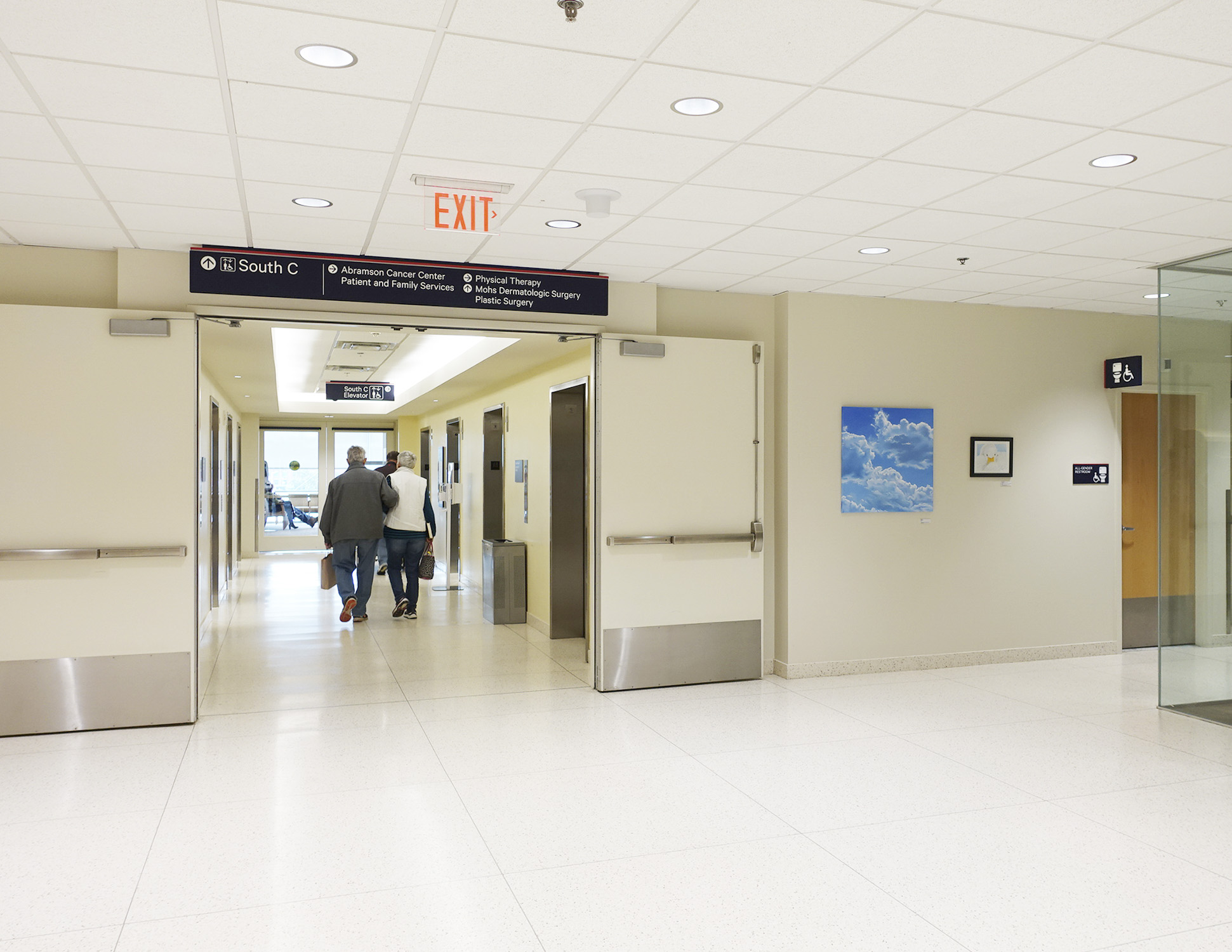Penn Medicine overhead directional and elevator signage, designed by Two Twelve