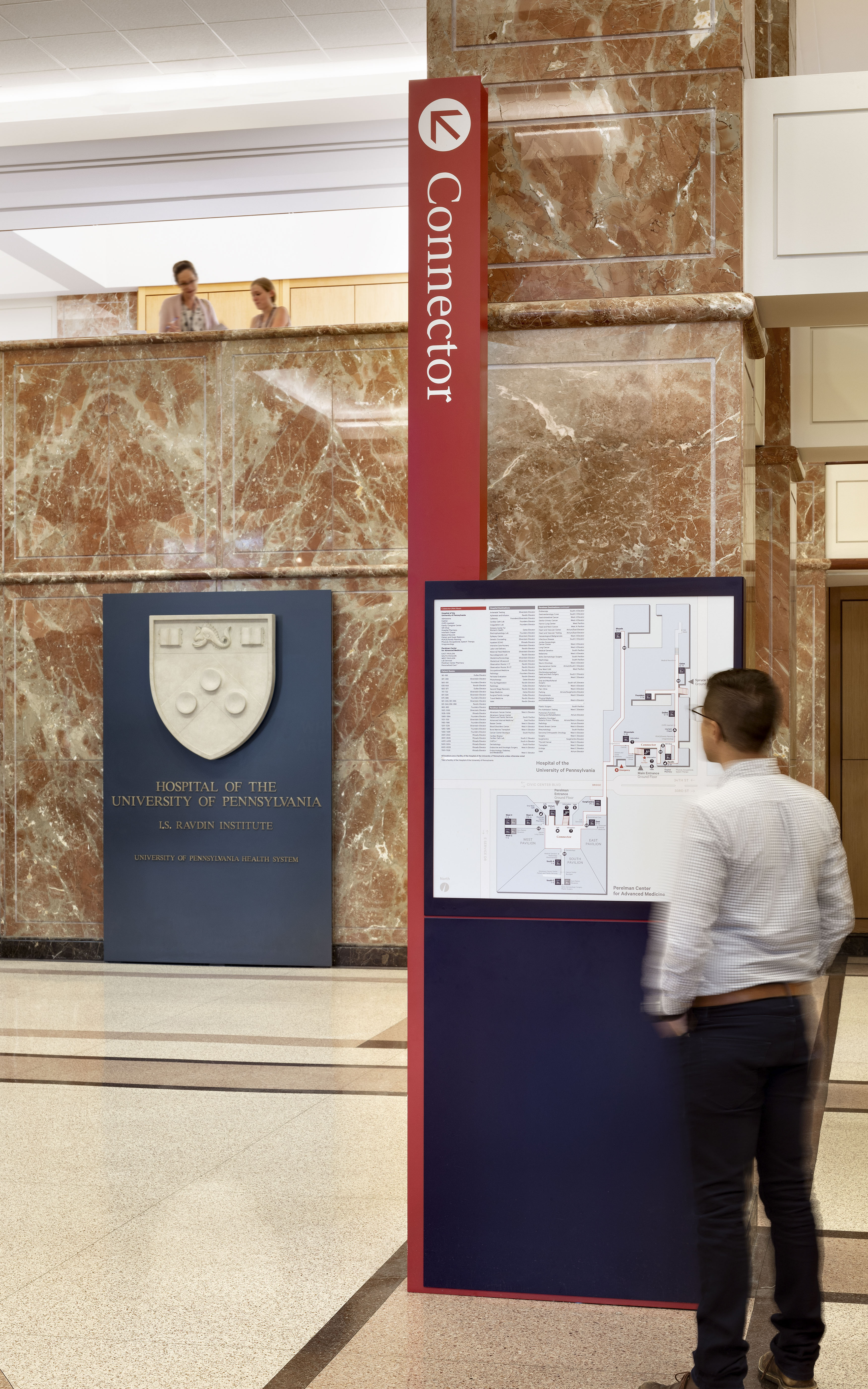 Penn Medicine connector identification and building kiosk with campus map, designed by Two Twelve