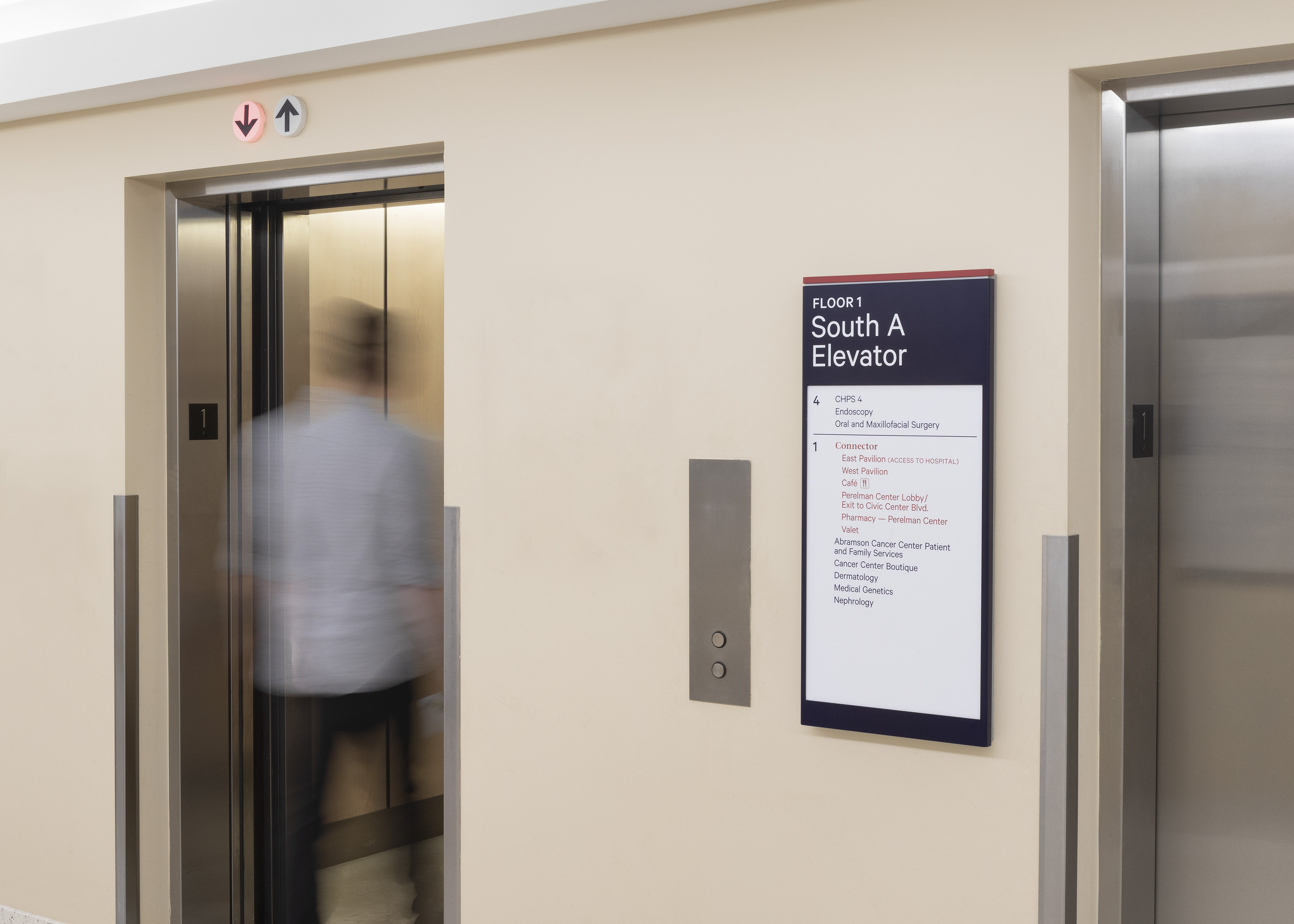 Penn Medicine elevator floor directory signage, designed by Two Twelve