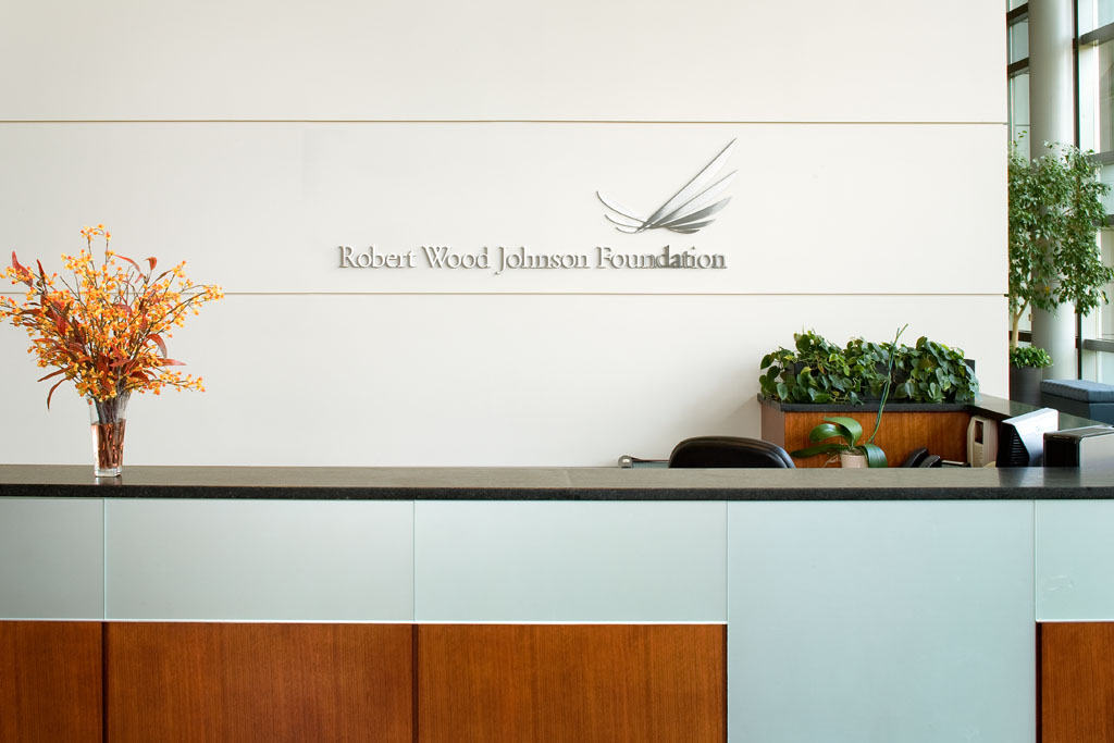 Robert Wood Johnson Foundation reception desk identification, designed by Two Twelve