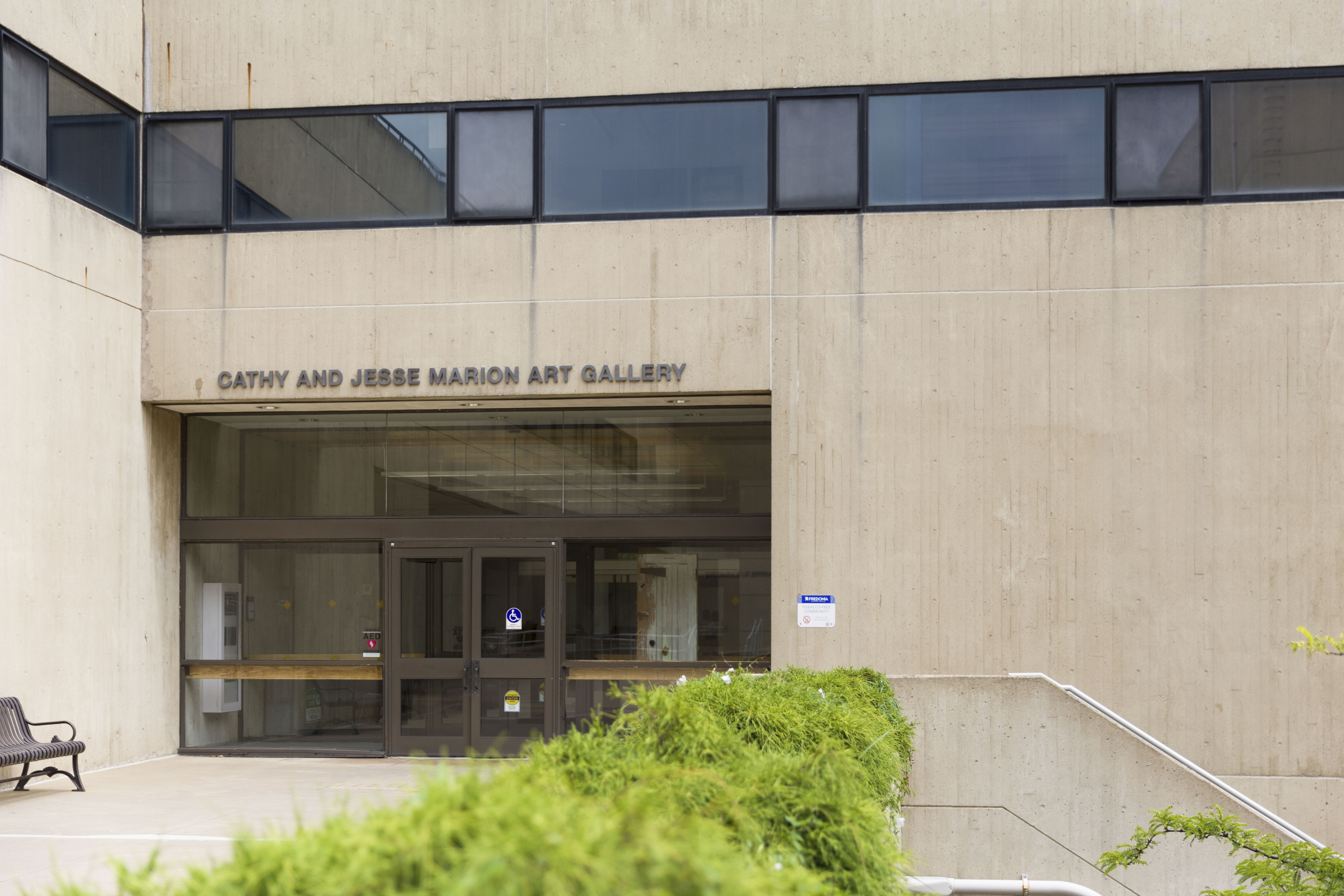 Rockefeller Arts Center at SUNY Fredonia exterior building identification signage and donor recognition, designed by Two Twelve