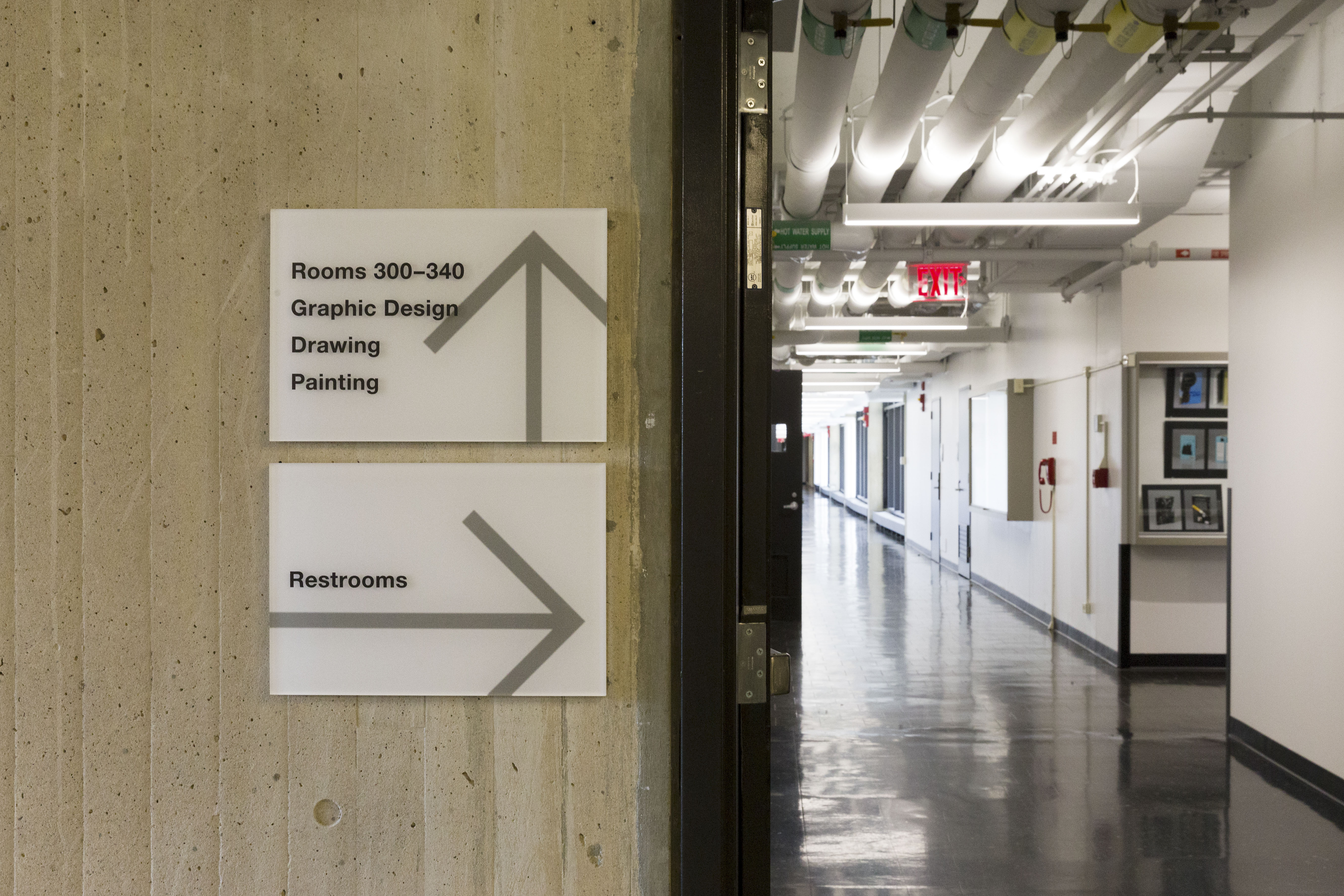 Rockefeller Arts Center at SUNY Fredonia building floor directional signage, designed by Two Twelve