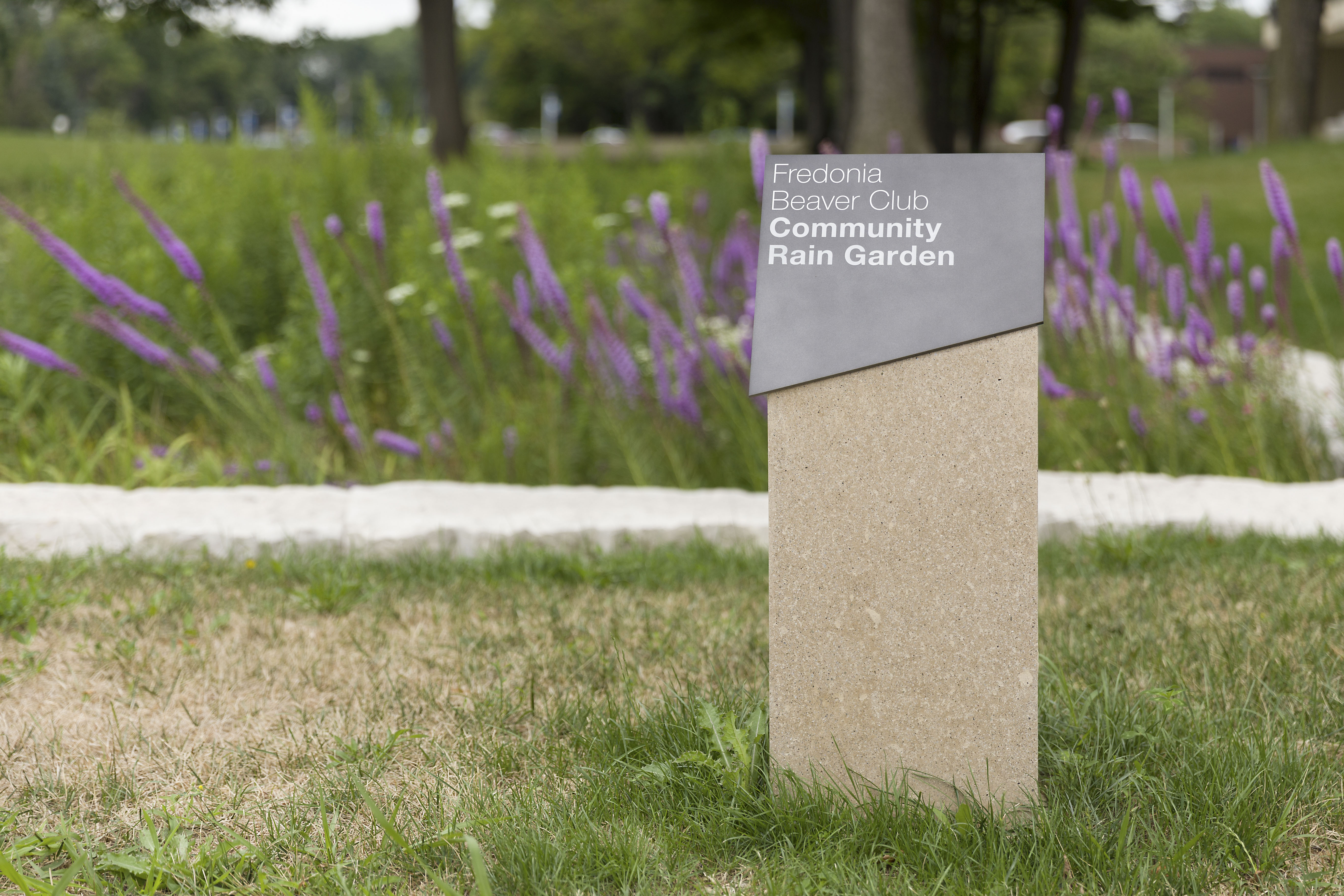 Rockefeller Arts Center at SUNY Fredonia Fredonia Beaver Club path marker, designed by Two Twelve