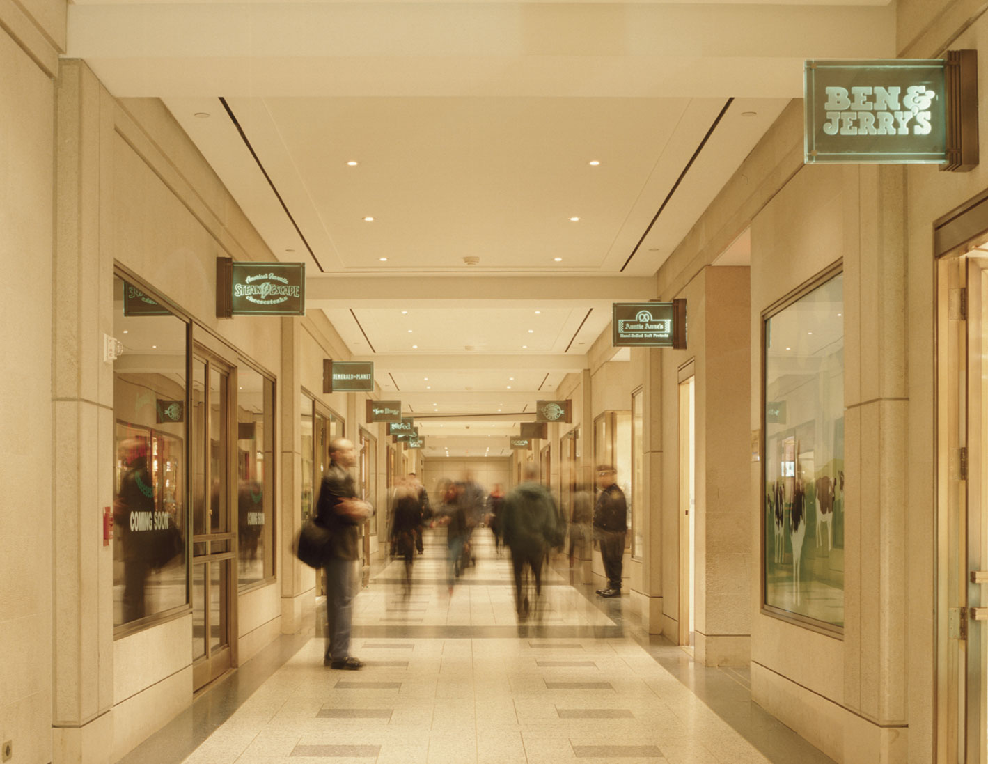 Rockefeller Center Retail Concourse internally illuminated retail flag-mounted signs, designed by Two Twelve