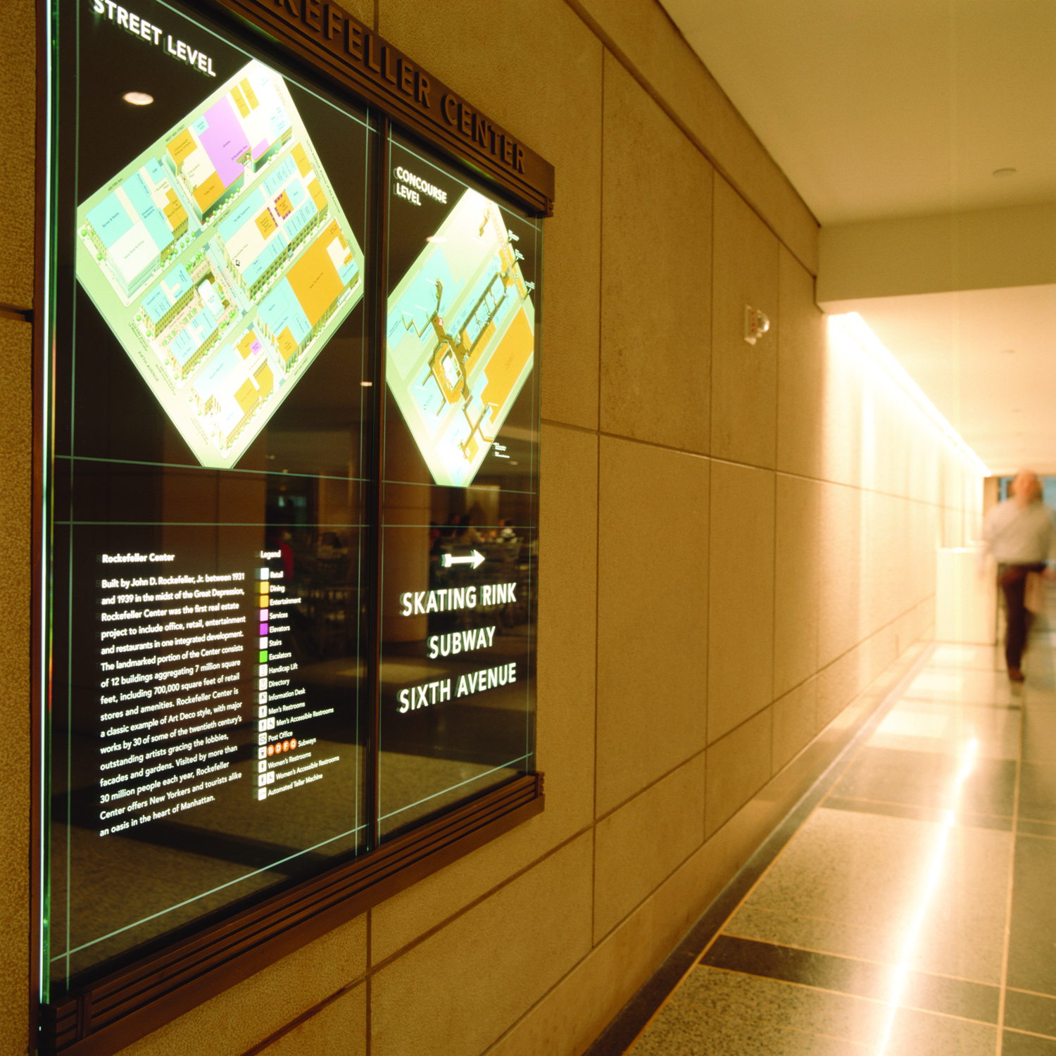 Rockefeller Center Retail Concourse retail concourse directional signage, designed by Two Twelve