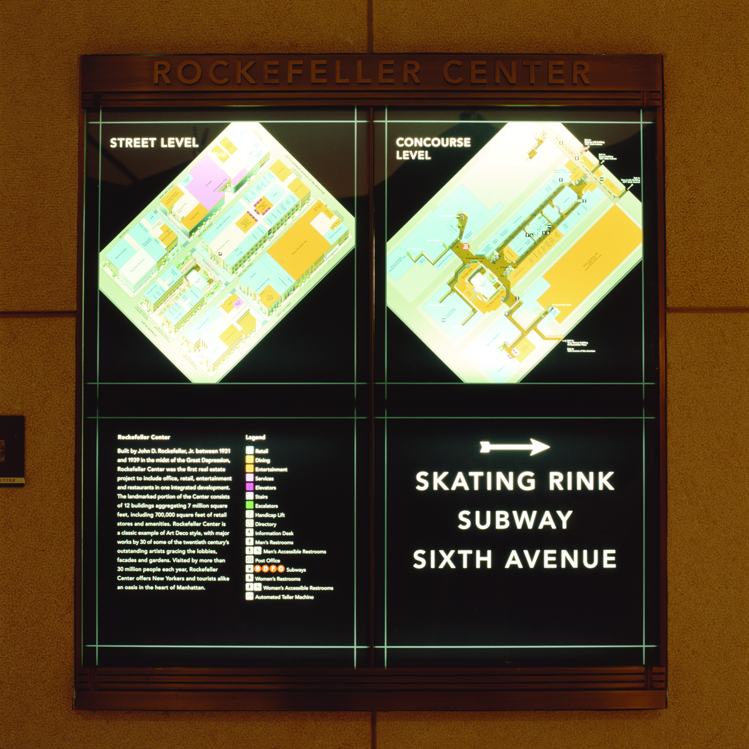 Rockefeller Center Retail Concourse retail concourse directional signage, designed by Two Twelve