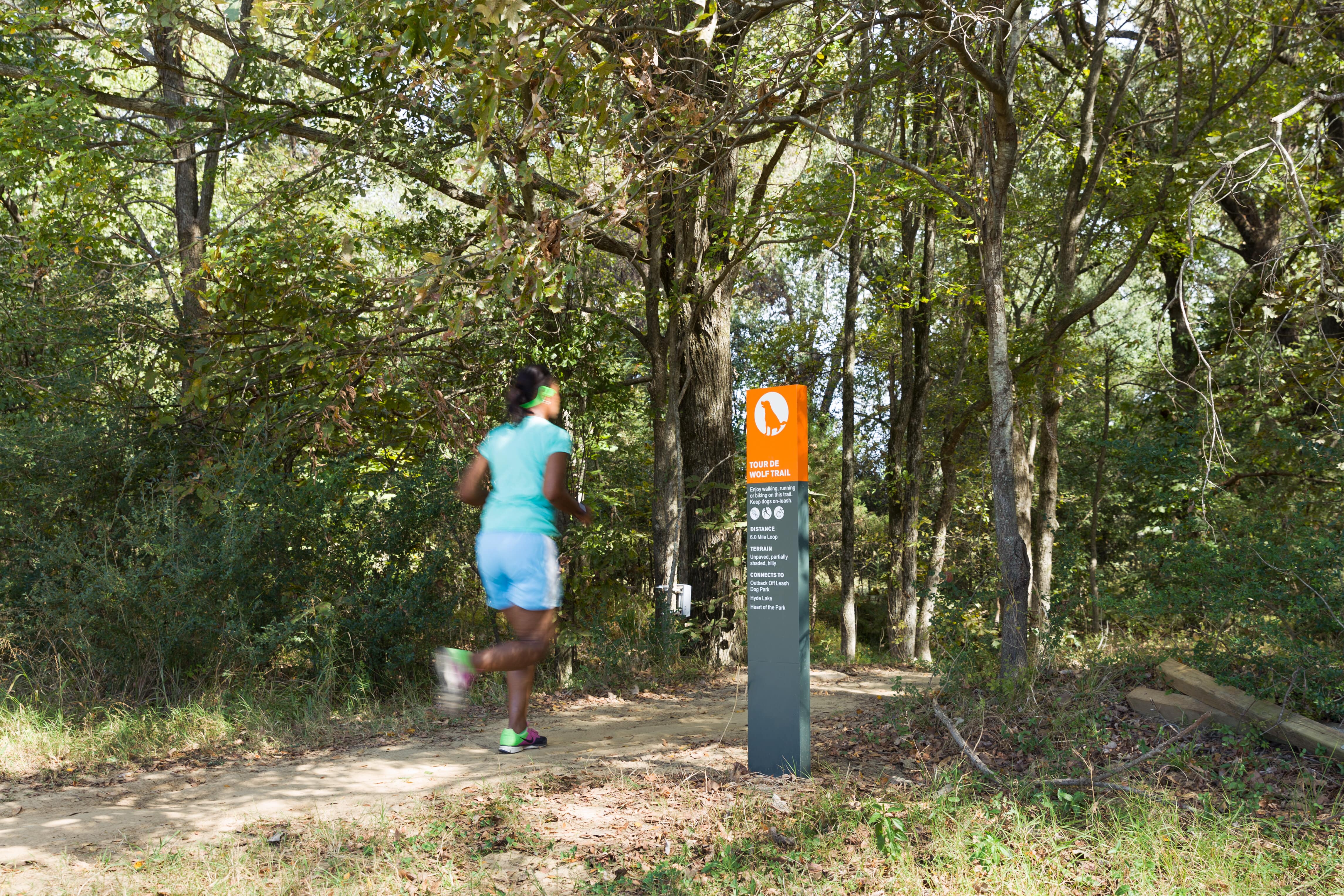 Shelby Farms trail marker signage with iconography, designed by Two Twelve