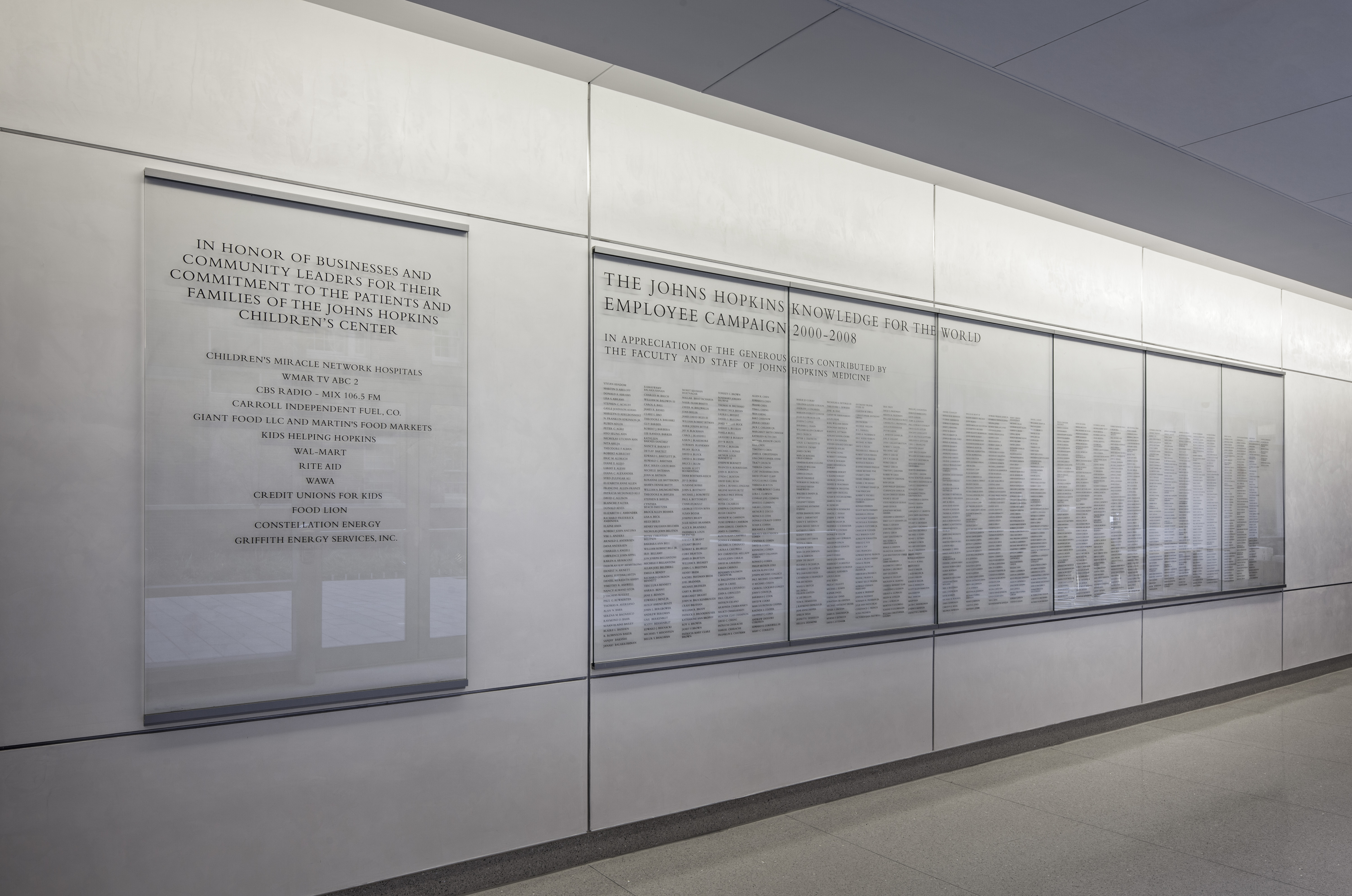 The Johns Hopkins Hospital glass stone wall interior, designed by Two Twelve