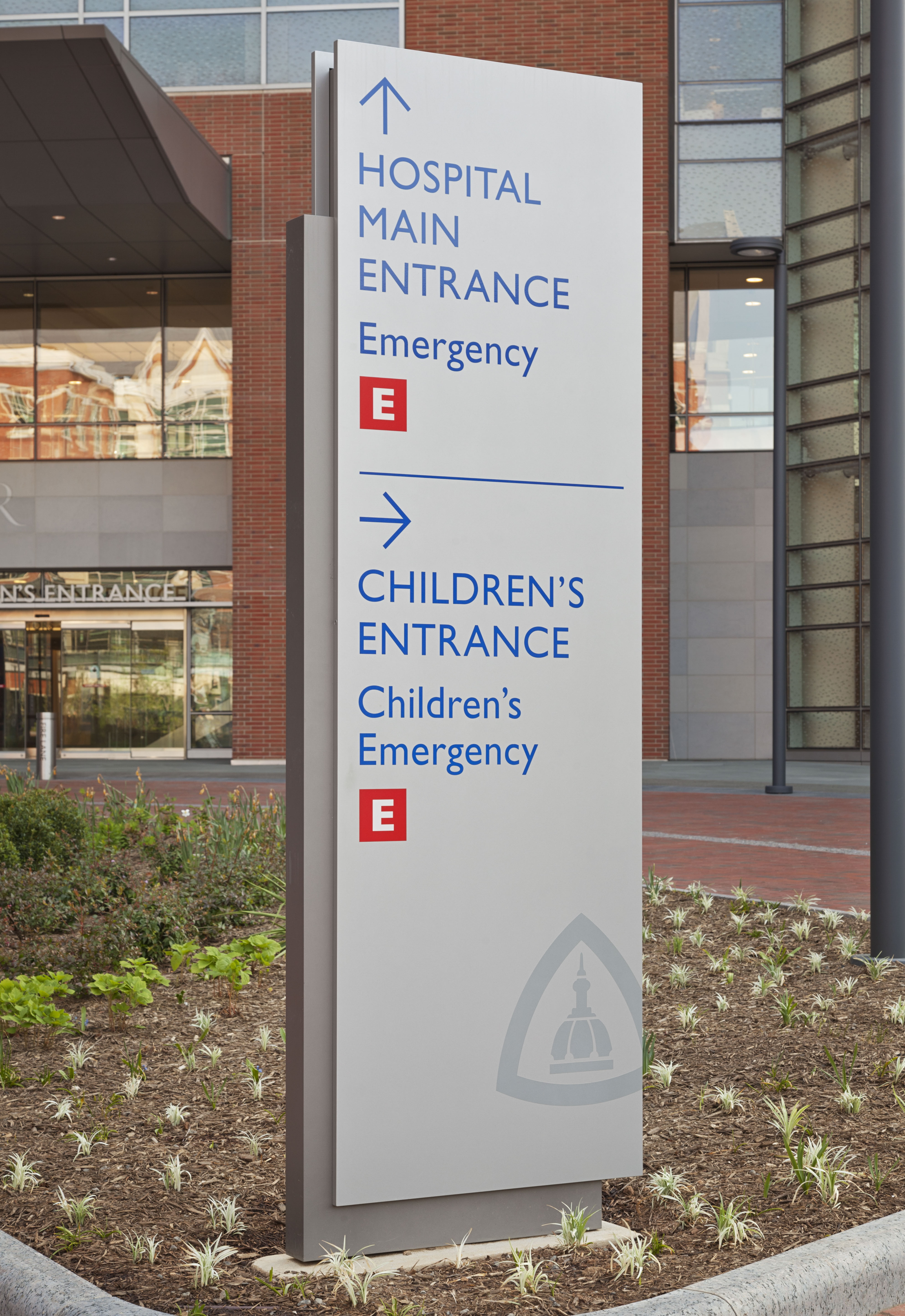 The Johns Hopkins Hospital exterior directional pylon for emergency room and children's entrance, designed by Two Twelve