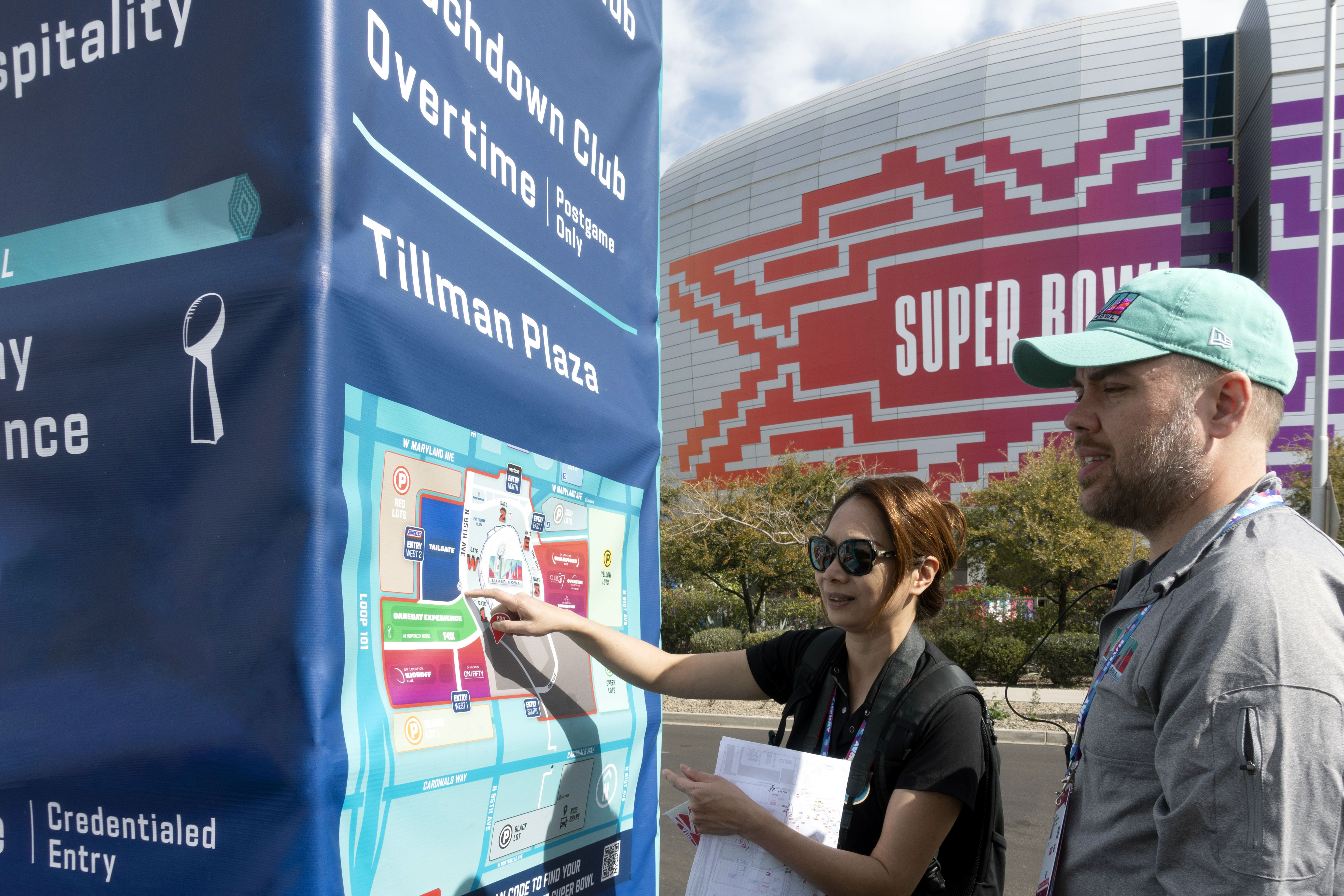 Super Bowl LVII event maps printed on 20-foot deployable pylon exit signs at State Farm Stadium, designed by Two Twelve