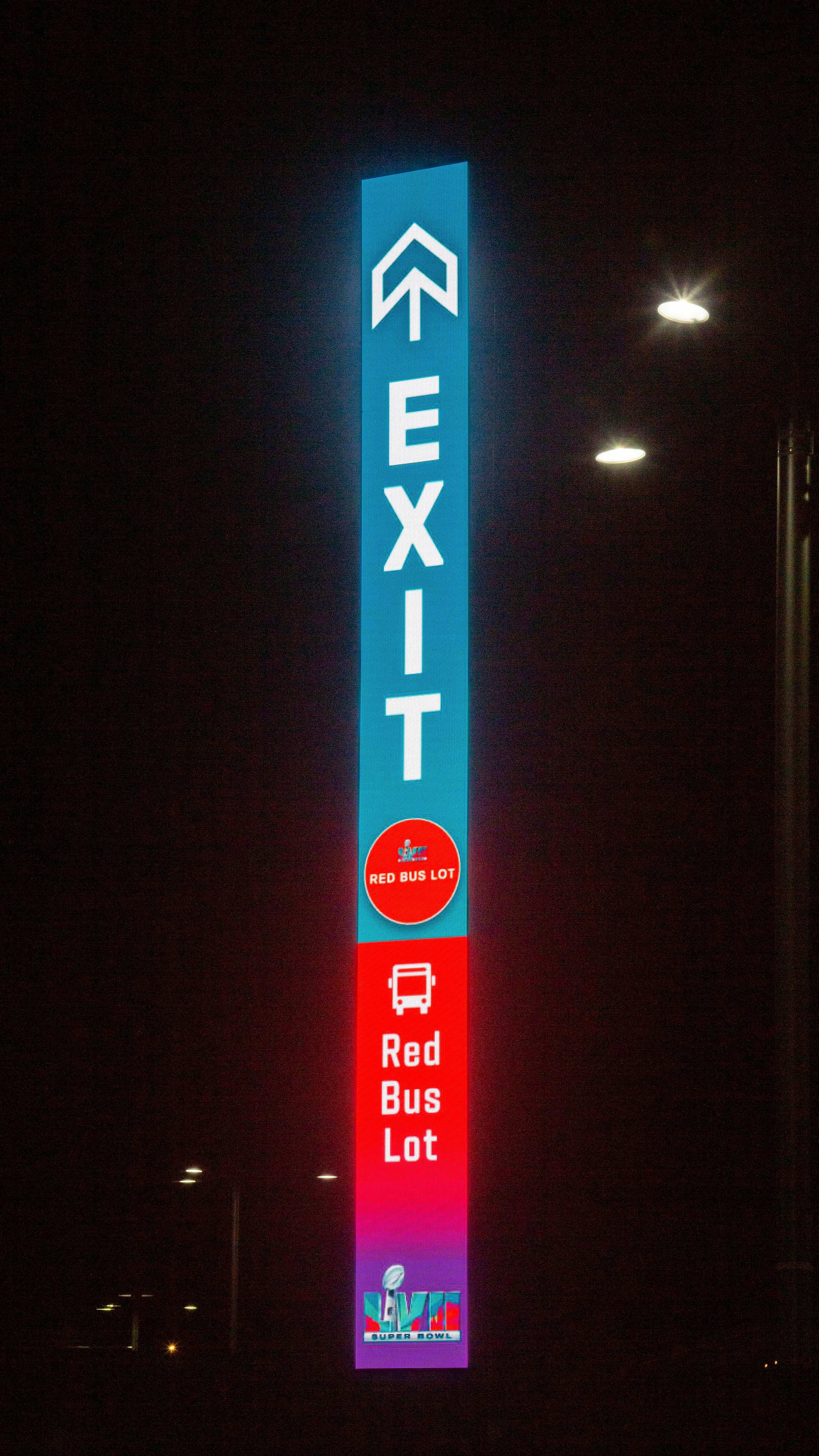 Super Bowl LVII custom event dynamic digital deployable pylon exit signs at State Farm Stadium, designed by Two Twelve