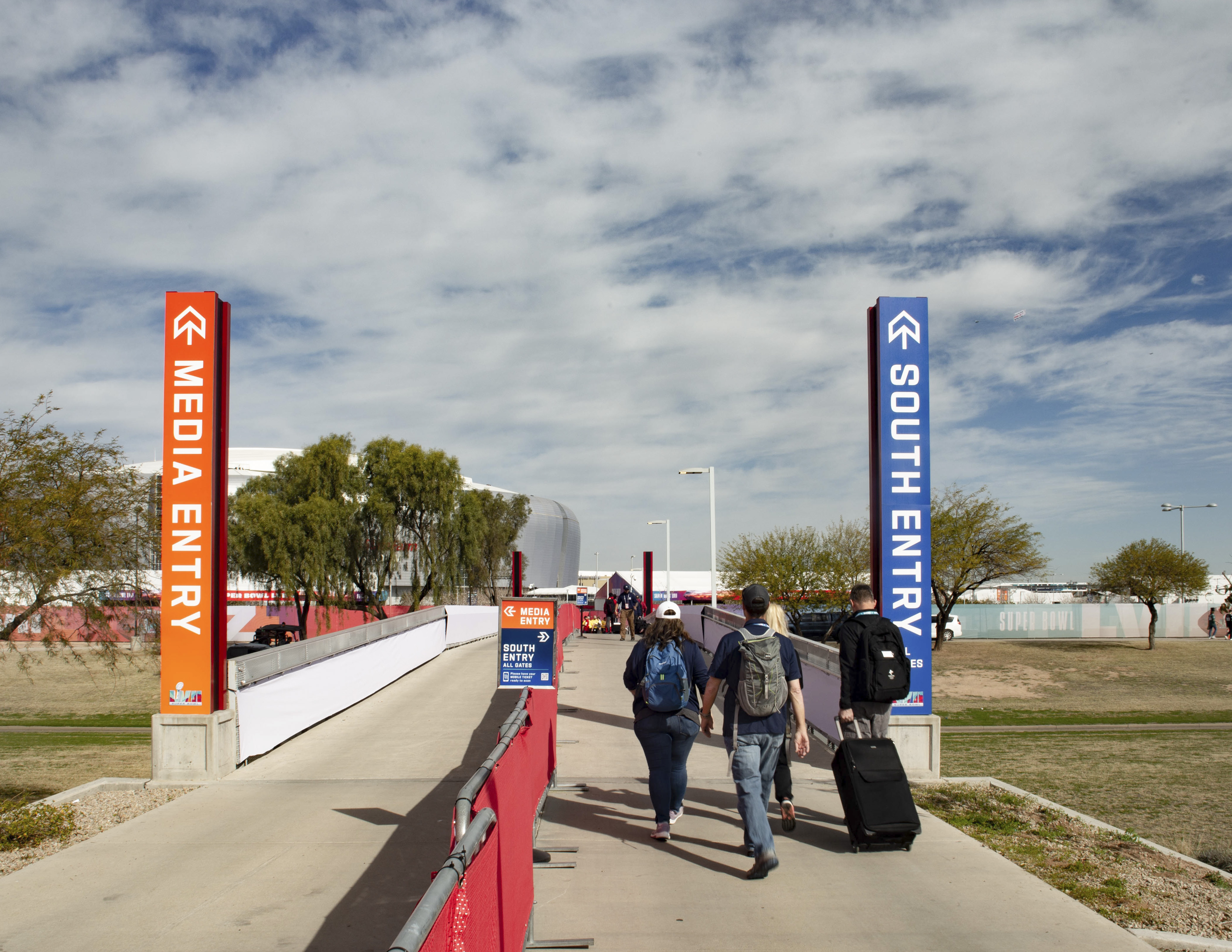 Super Bowl LVII coverup media entry pylons at State Farm Stadium in Glendale Arizona, designed by Two Twelve