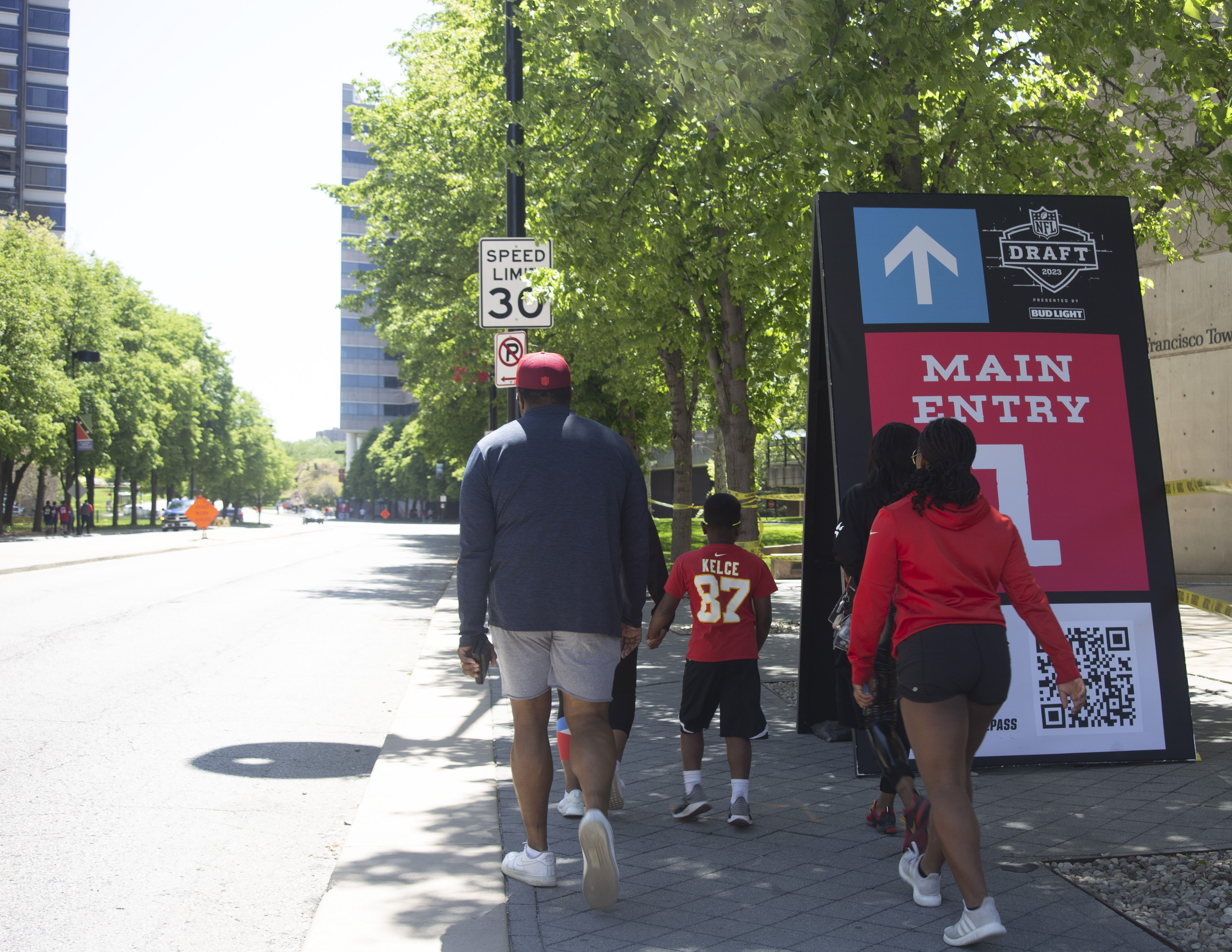 2023 NFL Kansas City Draft exterior directional A-frame signs with walking times, designed by Two Twelve