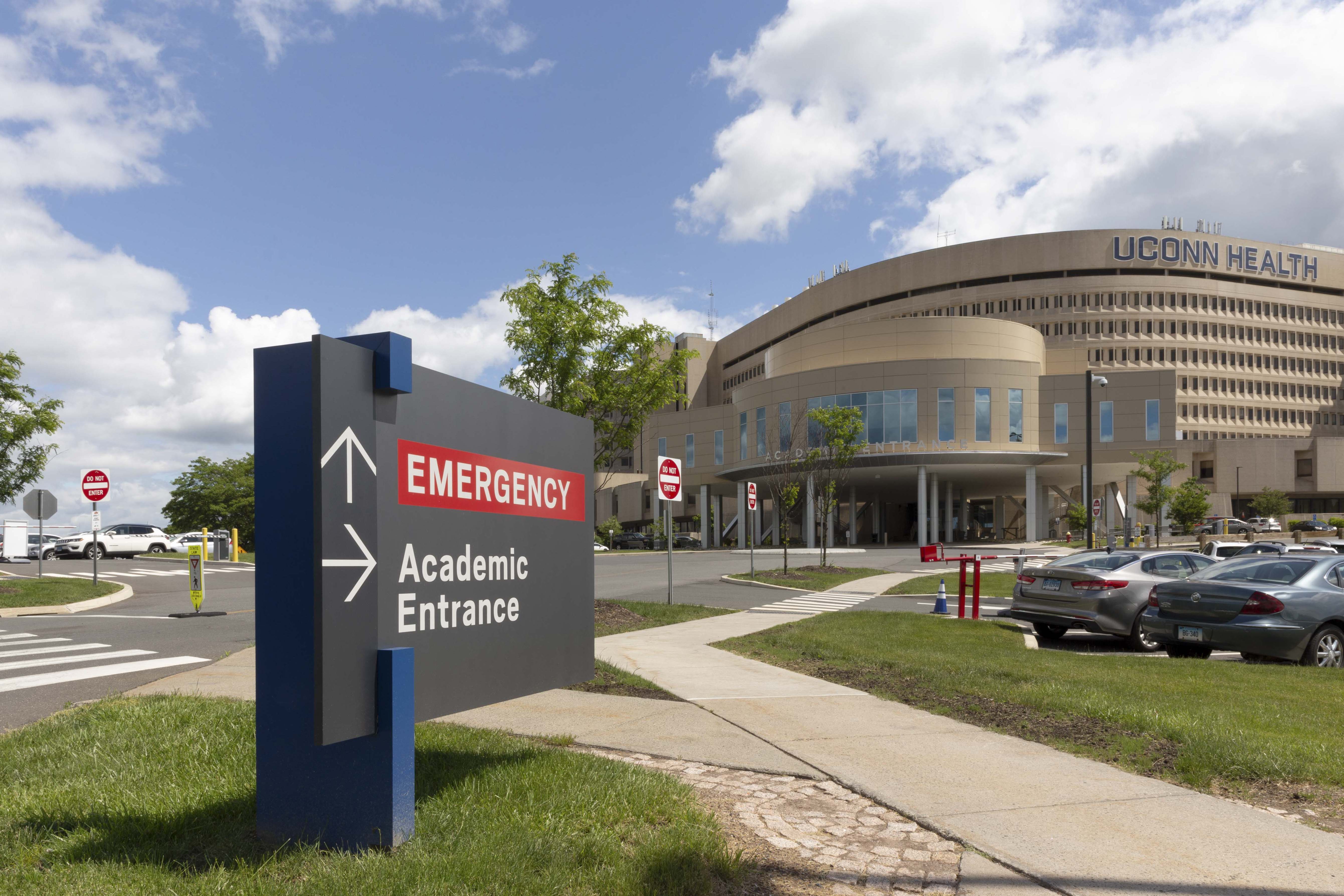 University of Connecticut exterior emergency room and academic entrance directional sign, designed by Two Twelve