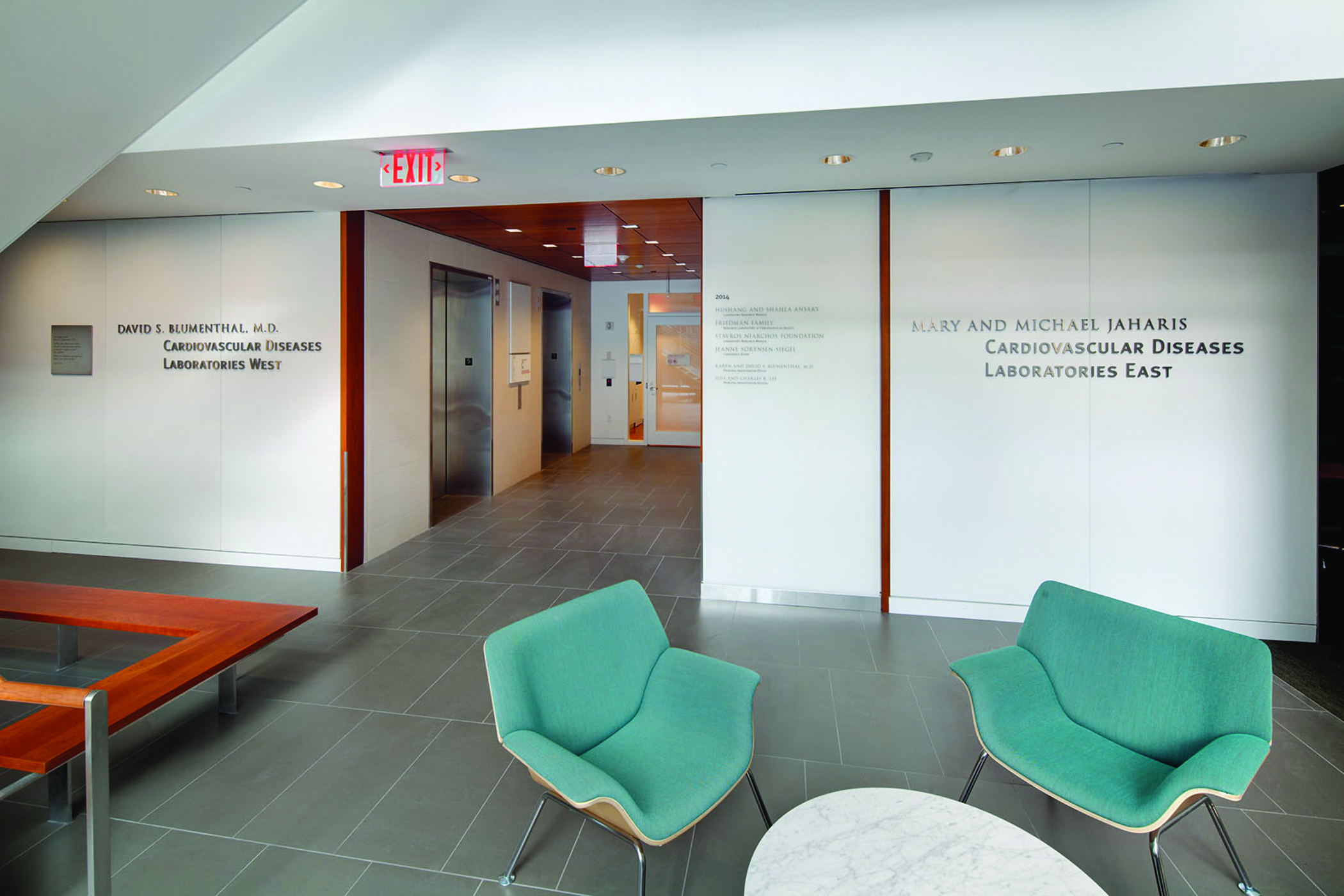 Weill Cornell Medical College Donor signage and building directory and elevator bank, designed by Two Twelve