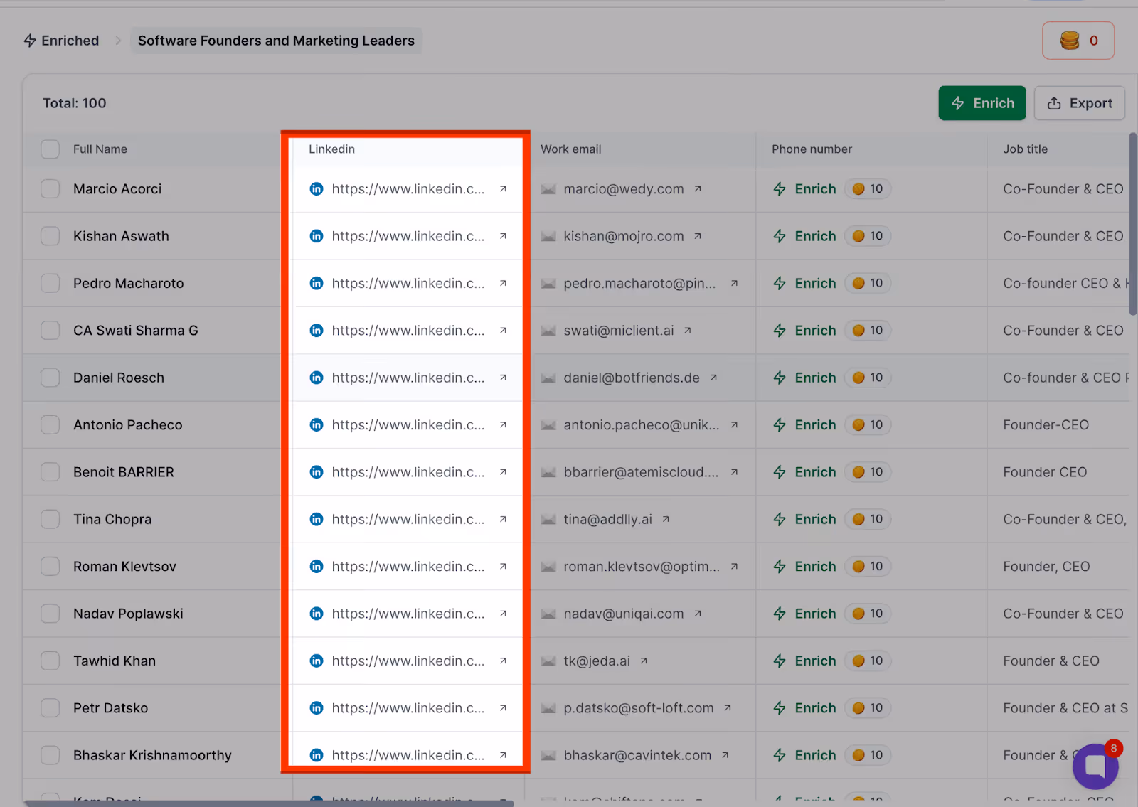 LinkedIn Enriched Contacts on Leadsforge