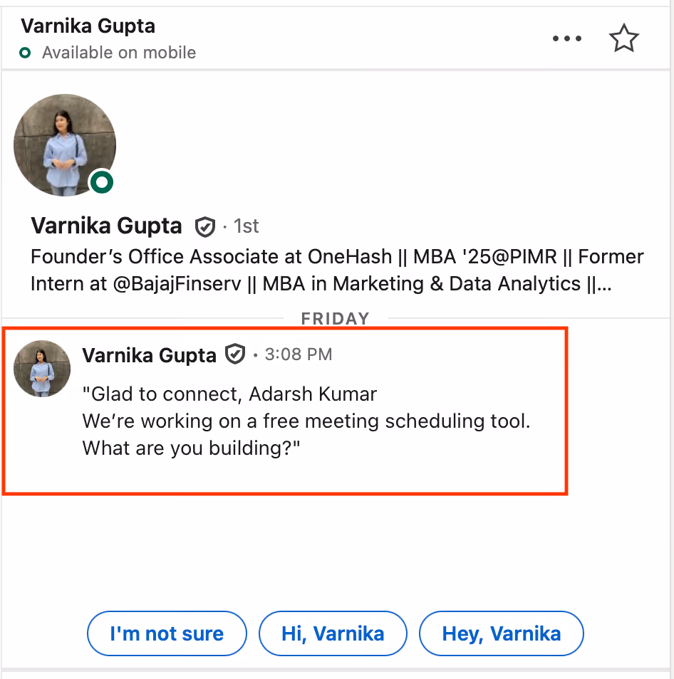 Initiating conversation on LinkedIn after sending connection request. A best representation of soft start