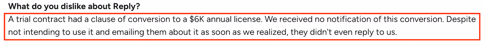 user review on G2 about Reply.io stating the hidden and unauthorised charges