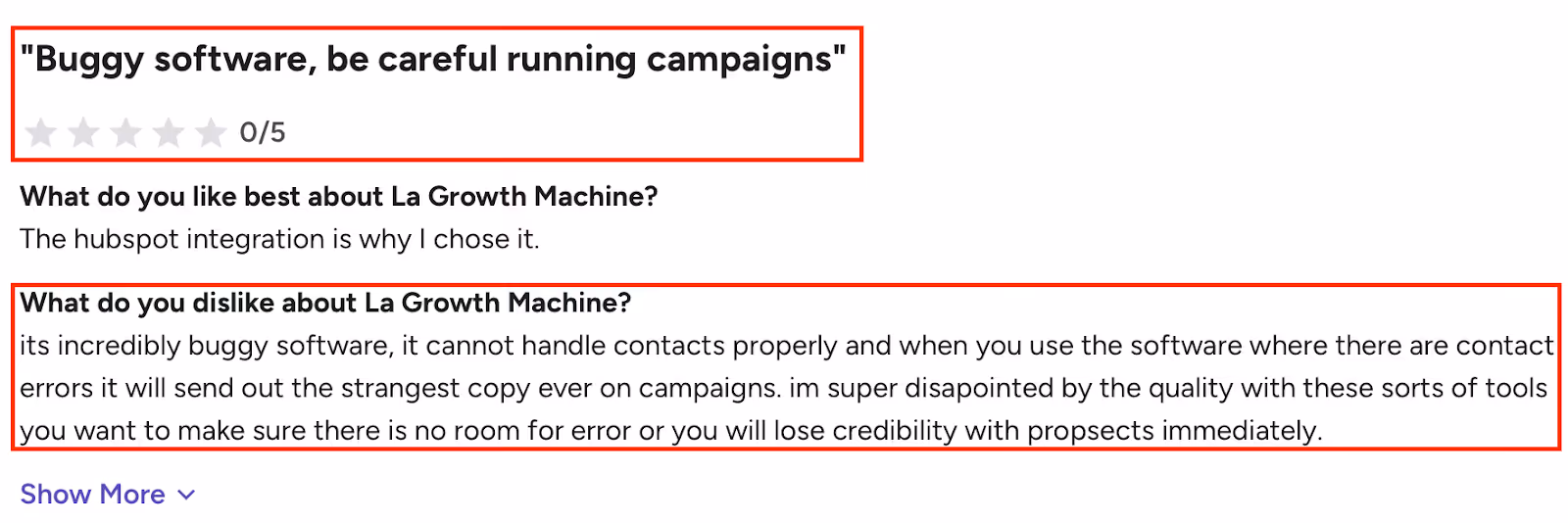 G2 Review Highlighting Buggy Campaign Errors