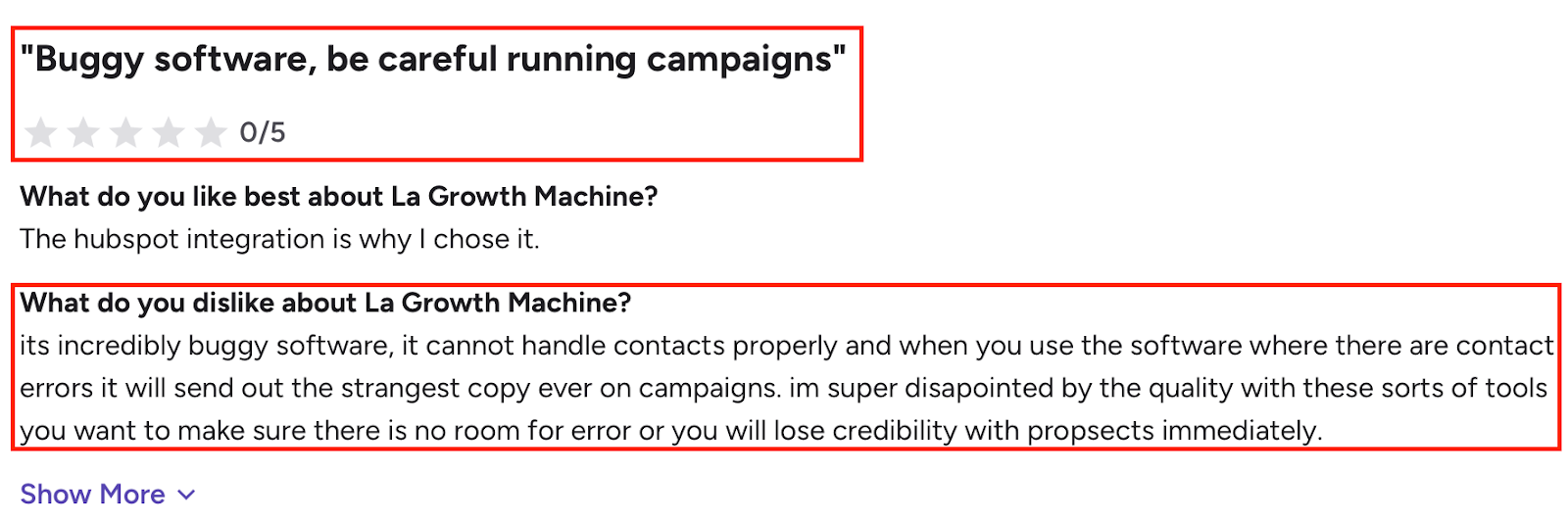 G2 Review Highlighting Buggy Campaign Errors