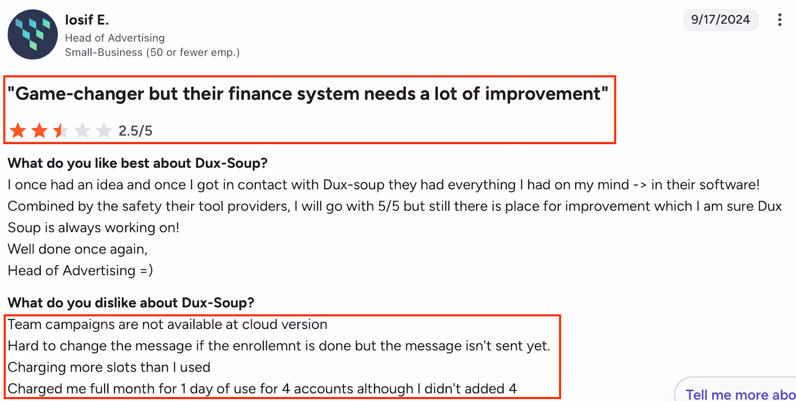 Dux-Soup 2.5-star review citing billing errors, missing team campaigns, and no mid-campaign message edits.